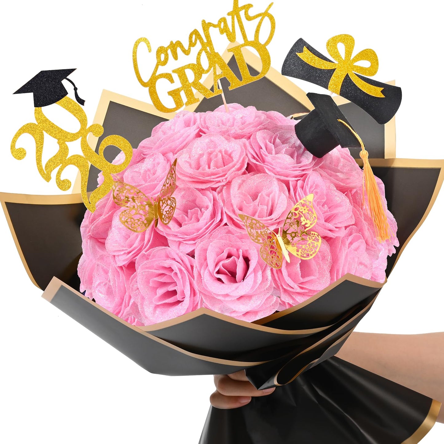 Waipfaru 2026 Graduation Gifts, Glitter Roses Bouquet, Graduation Gift for Her, DIY Fake Flowers Bouquet with Graduation Stand-Up Signs, 36 Pink Roses, for High School/College/Middle School Grads