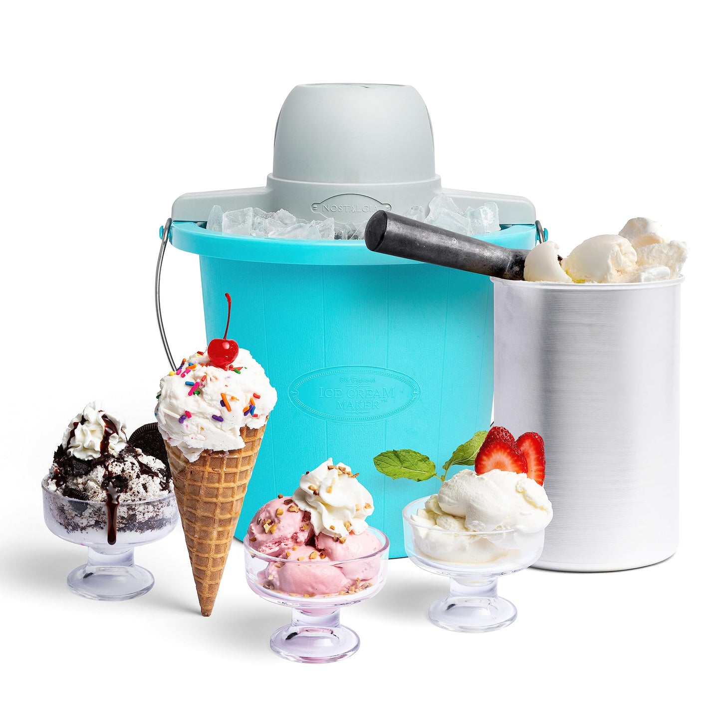 Nostalgia Electric Ice Cream Maker - Old Fashioned Soft Serve Ice Cream Machine Makes Frozen Yogurt or Gelato in Minutes - Fun Kitchen Appliance - Blue - 4 Quart