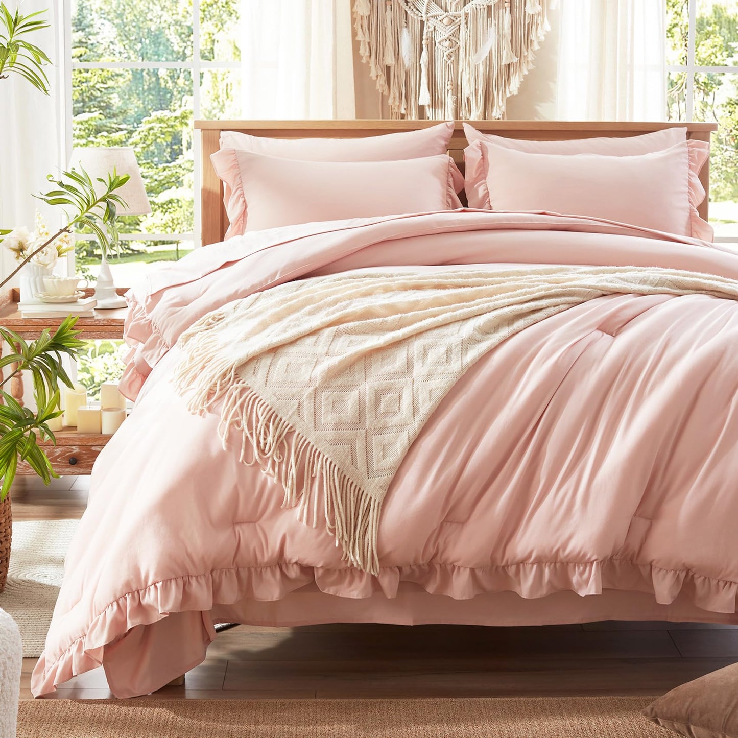 Anluoer Twin Comforter Set 5 Piece for Girl, Pink Bed in a Bag with Sheets, All Season Ruffle Shabby Chic Bedding Sets with 1 Comforter, 1 Pillow Sham, 1 Pillowcase, 1 Flat Sheet, 1 Fitted Sheet