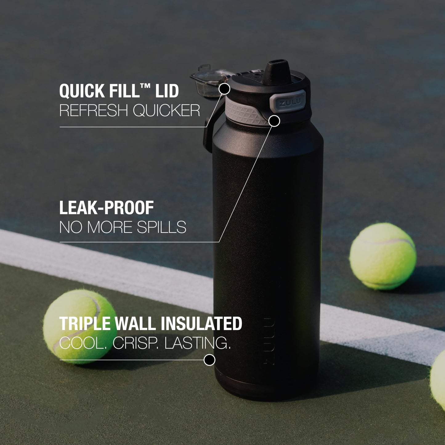 ZULU Powerfill Pro 40oz Stainless Steel Water Bottle with Quick Fill Lid, Triple Walled Vacuum Insulated Metal, Leak Proof Locking Lid, Sip and Chug, Reusable BPA Free, Black
