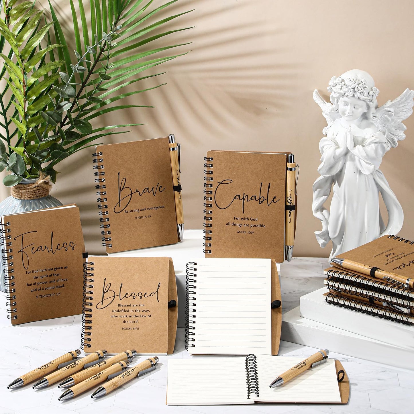 24 Sets Christian Gifts Bulk Fathers Day Inspirational Bible Verse Spiral Notebook Religious Bamboo Ballpoint Pen Journal with Scripture for Church Sunday School Teacher Graduation Pentecost (Brown)