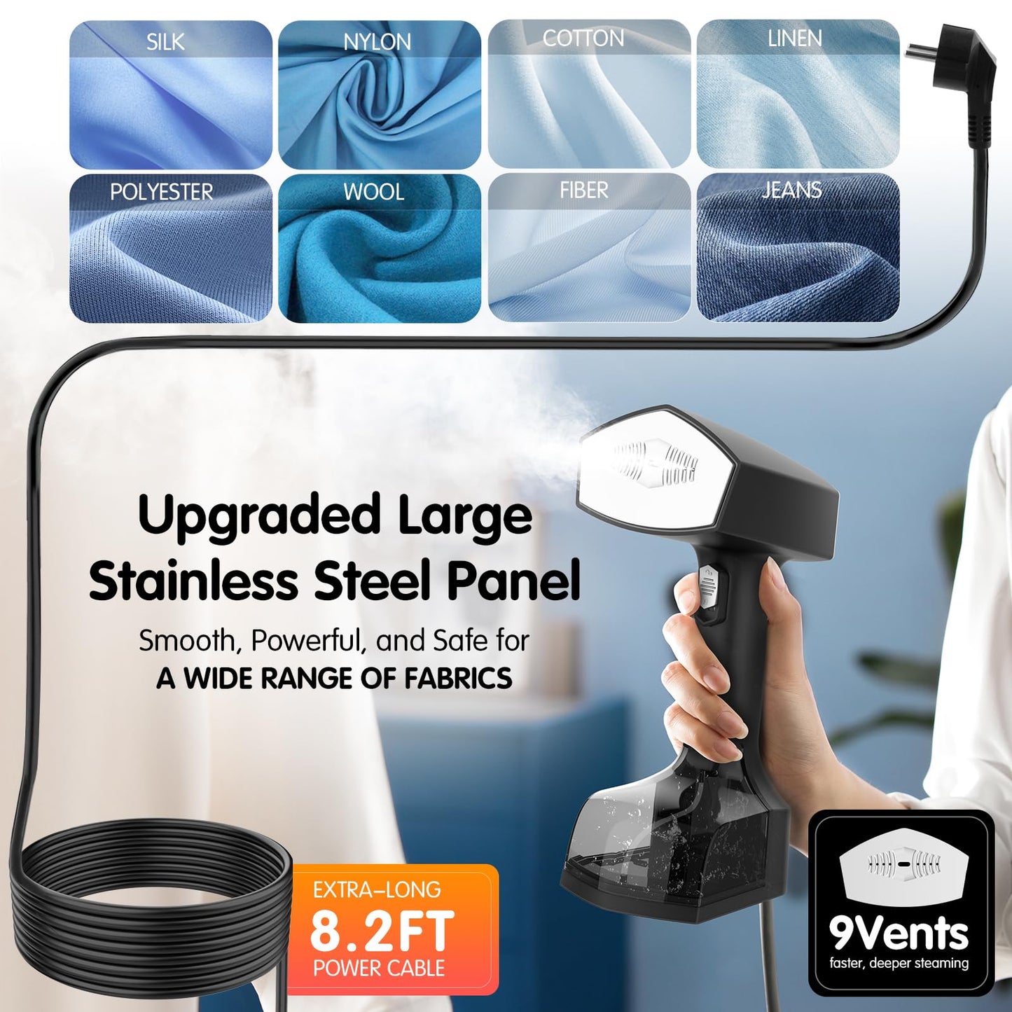 2000W Powerful Handheld Steamer for Clothes, 10-Second Heat-Up, 40g/min Steaming, 350ml Tank, 3 Adjustable Settings & Leak-Proof Design, Portable Garment Steamer for Travel and Home Use