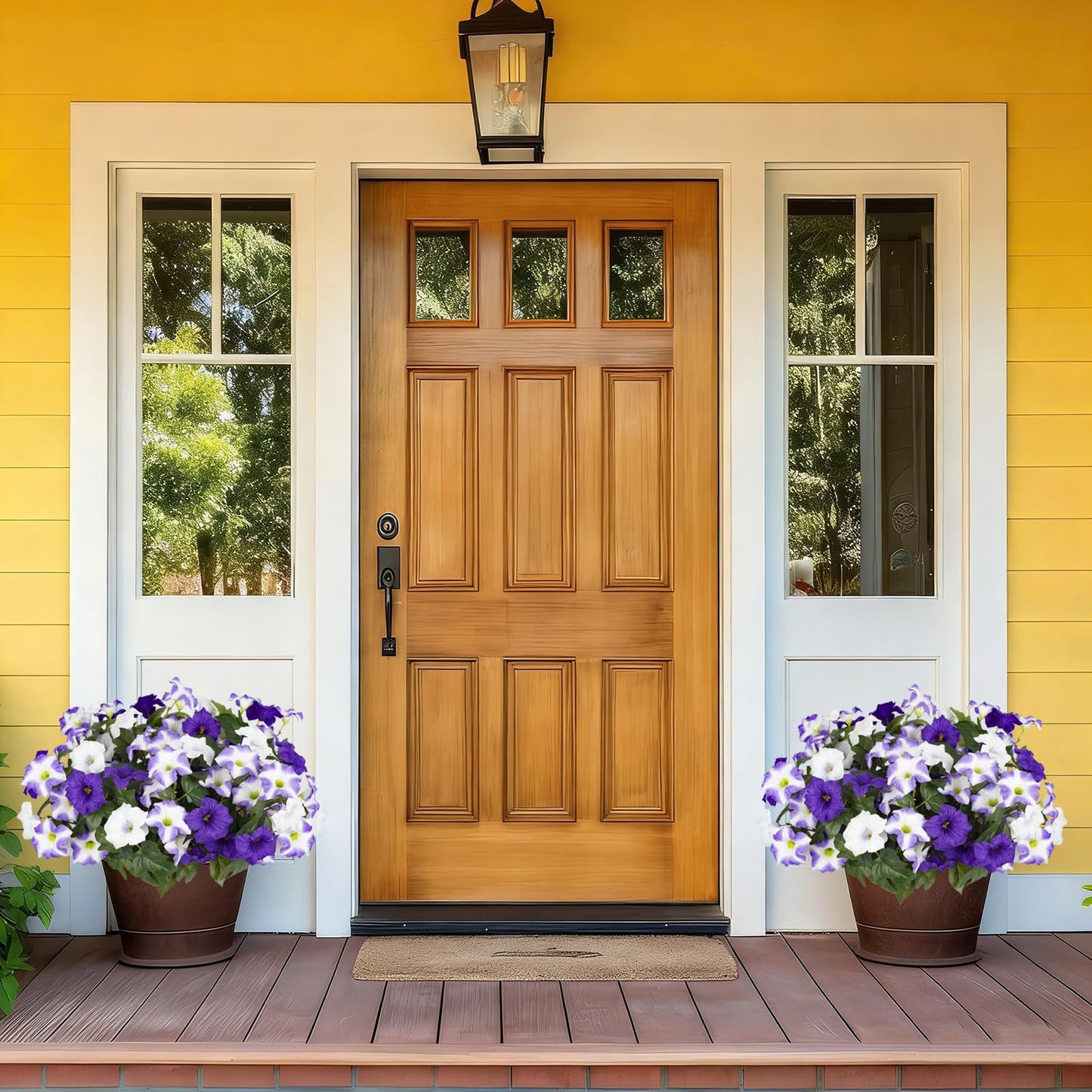 Artificial Flowers for Outdoors, Faux Petunias Spring Summer Decoration, Fake Flowers Plants UV Resistant Look Real Silk Flowers for Outside Planter Front Door Porch Patio Yard (6, Purple-White)