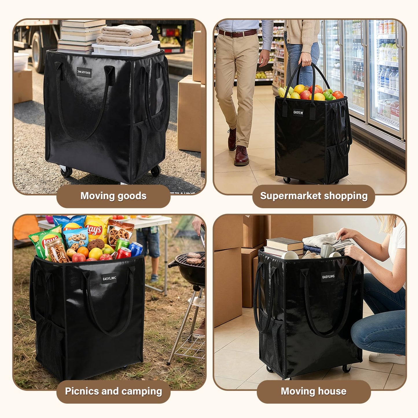 Reusable Hauler Rolling Tote Bag, Collapsible Portable Shopping Cart with Wheels for Groceries, Apartments Laundry, Organization , Heavy Duty Utility Tote, Basket with Wheels, Travel and Moving, 75lbs