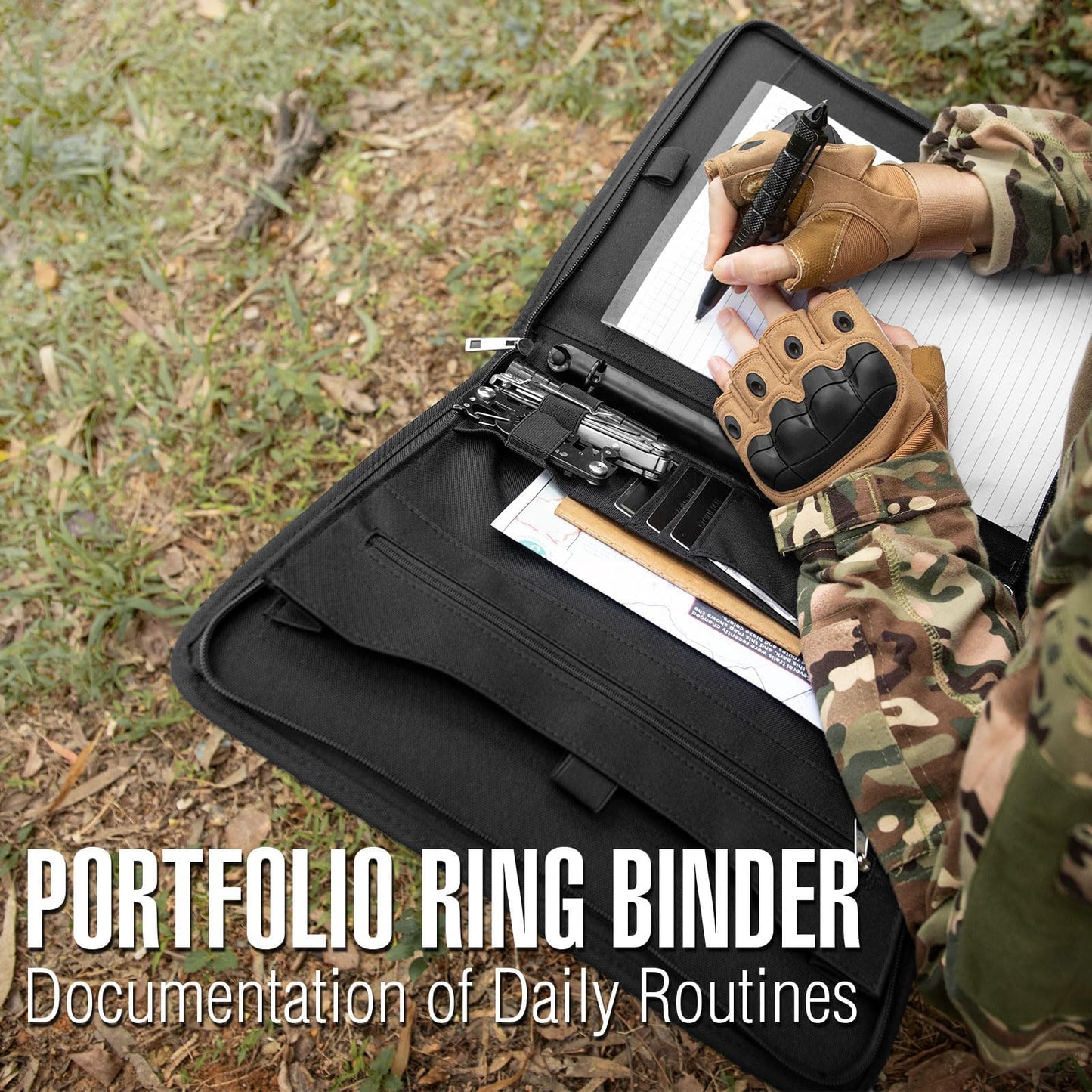 Kosibate Tactical Padfolio Portfolio Binder with Zipper and 25 Sheets of Letter Size Paper,Notebook Cover,Tactical Notebook with Zippered for Folders,Detachable 3-Ring Binder(A4,Black,13.5X 11.5Inch)
