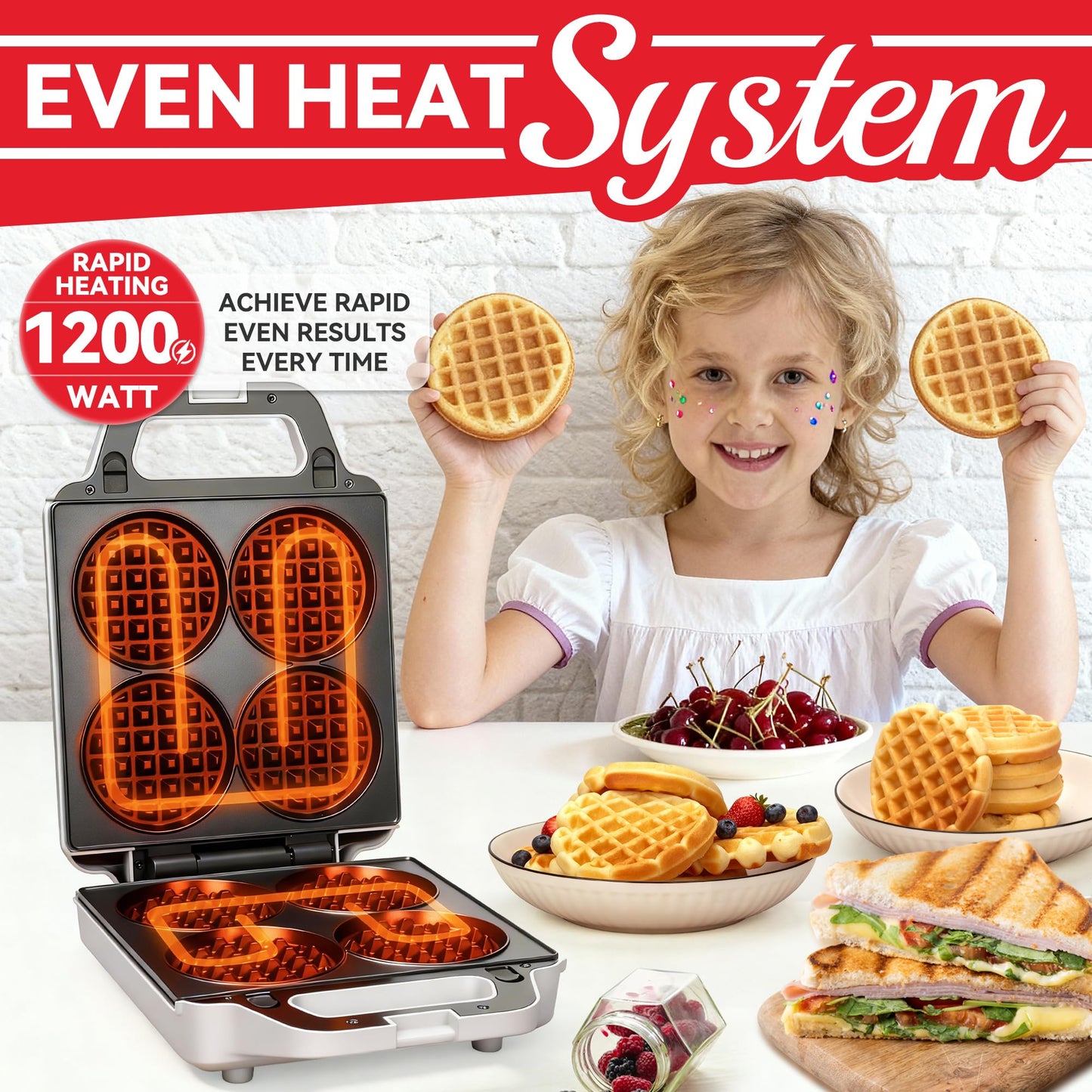 SugarWhisk 2 in 1 Mini Waffle Maker with Removable Plates, Panini Press Sandwich Maker, Sandwich Press, Waflera Electrica, Sandwichera Electrica, 4 X 4 Inch Classic Waffle Maker for Kids, White