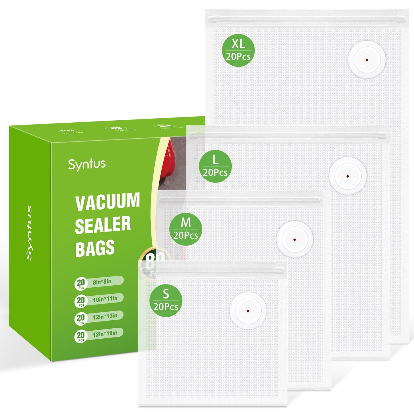 [2026 Upgraded] Syntus 80 Pcs Vacuum Sealer Bags for Food, Reusable BPA-Free Food Storage Bags for Sous Vide Microwave Heating, Air Valve Zipper Bags (20 Small+20 Medium+20 Large+20 Extra Large)