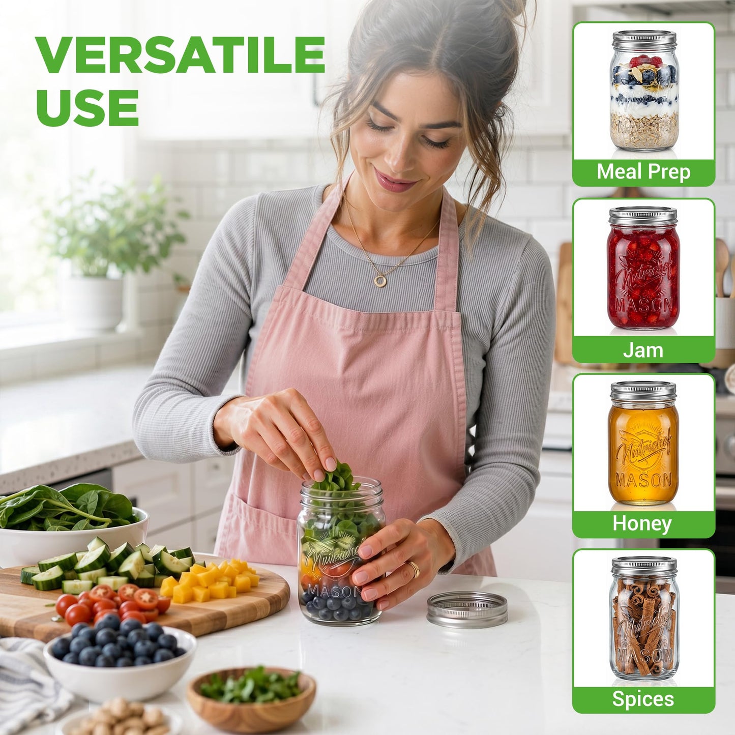 NutriChef 8-Pack 16 oz Mason Jars with Lids - Thick Glass Canning Jars with Stainless Steel Lids - Ideal for DIY Spices, Meal Prep, Overnight Oats, Jelly, Jam, Honey, Candles, Crafts, & More