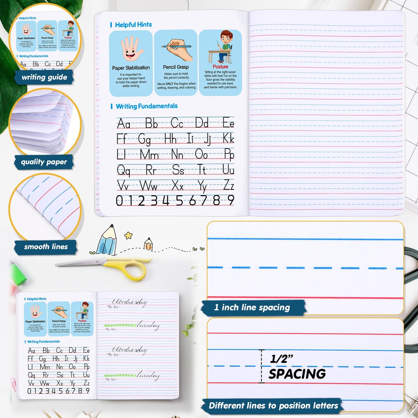 Watersay 30 Pack Primary Ruled Composition Notebook, Grade K-2 Journal 50 Sheets, 7-1/2" x 9-3/4" Primary Composition Book Writing Notebook for Kids Kindergarten Preschool 1st 2nd Grad (Multicolor)