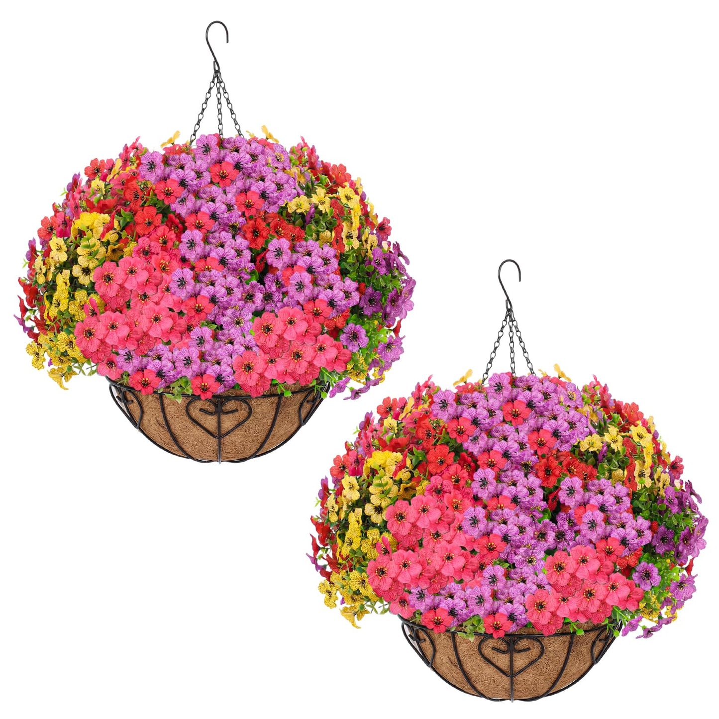 LetuoClips 2 Sets Artificial Hanging Flower for Outdoors, Fake Hanging Basket for Outside,2 Hanging Basket with 26 Pcs Faux Silk Flowers for Porch, Balcony and Patio Decor(Mixed)