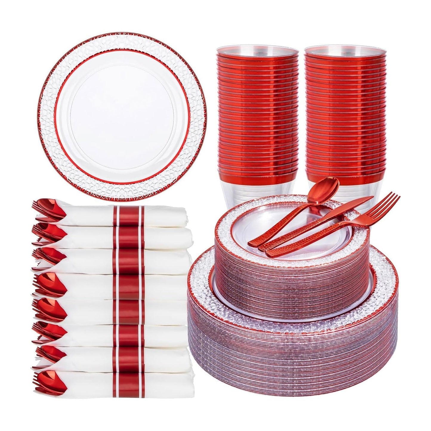 Ciaell 350 PCS Clear and Red Plastic Plates – Red Dinnerware Set for 50 Guests Include 100 Plastic Plates, 50 Pre Rolled Napkins with Cutlery Set, 50 Cups for Wedding & Party