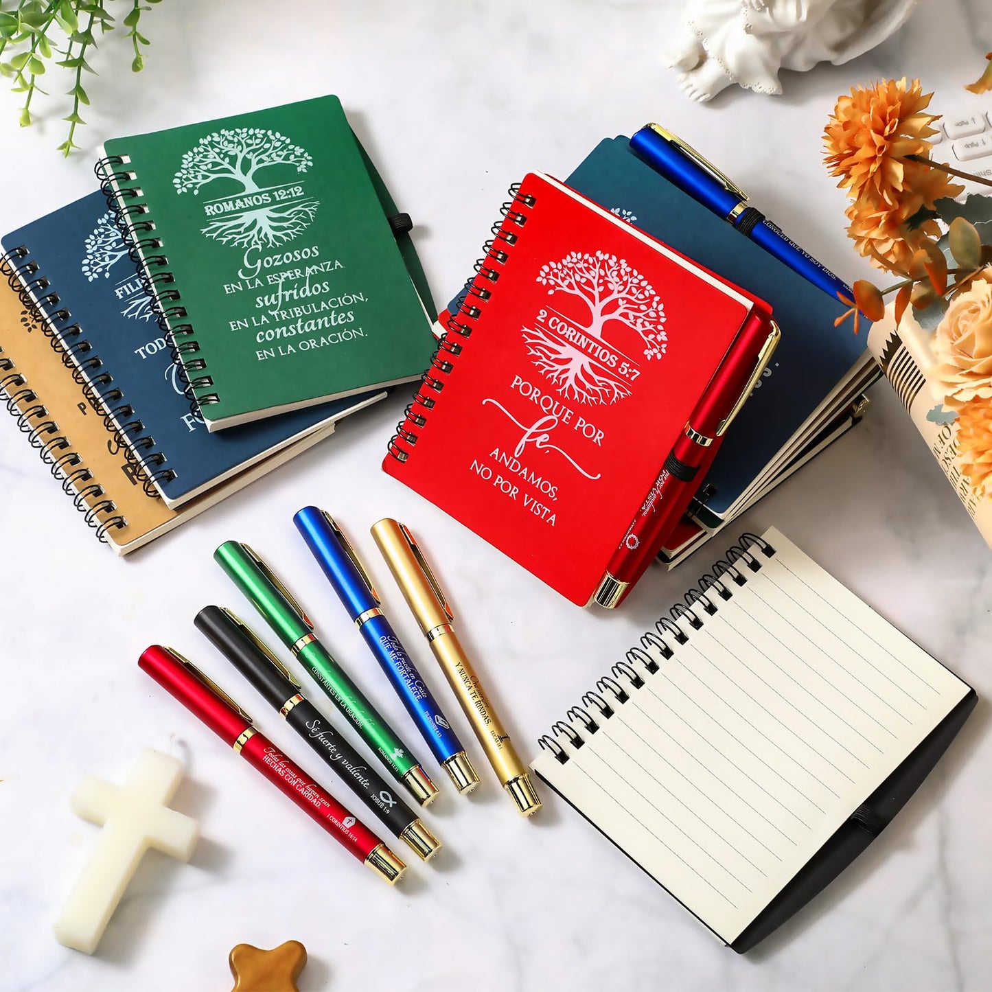 Sinload 40 Pcs/ 20 Set Father's Day Christian Gifts Bulk Prayer Journal Spiral Notebooks with Bible Verse Pen Tree of Life Scripture Notepad for Religious Church Men Dad Women (40, Spanish Classic)