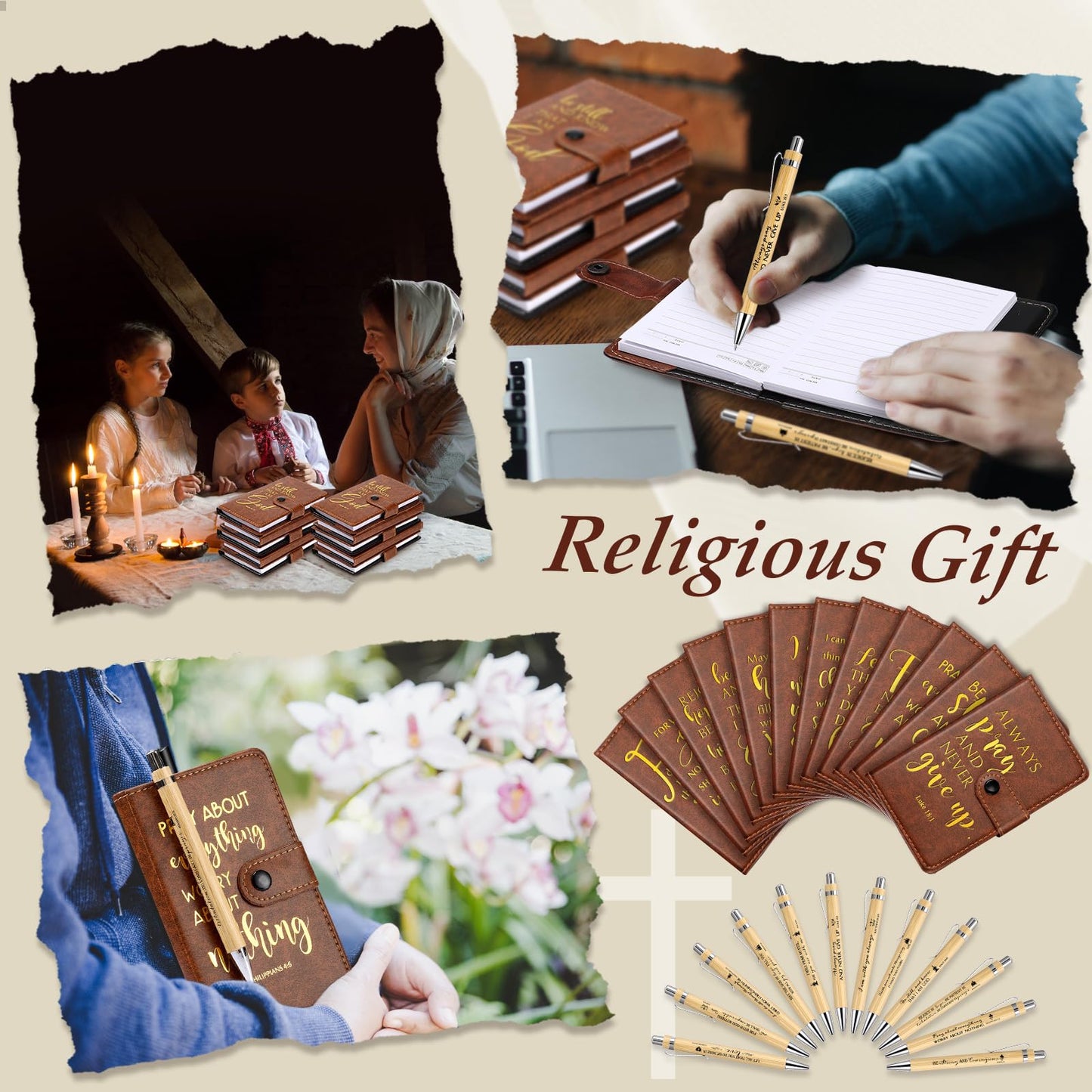 Spakon 24 Sets Christian Father's Day Bulk Gift Prayer Journal Leather Bible Study Notebook Verse Ballpoint Pen Religious Scripture Notepad for Graduates Church Clergy Gift Sunday School
