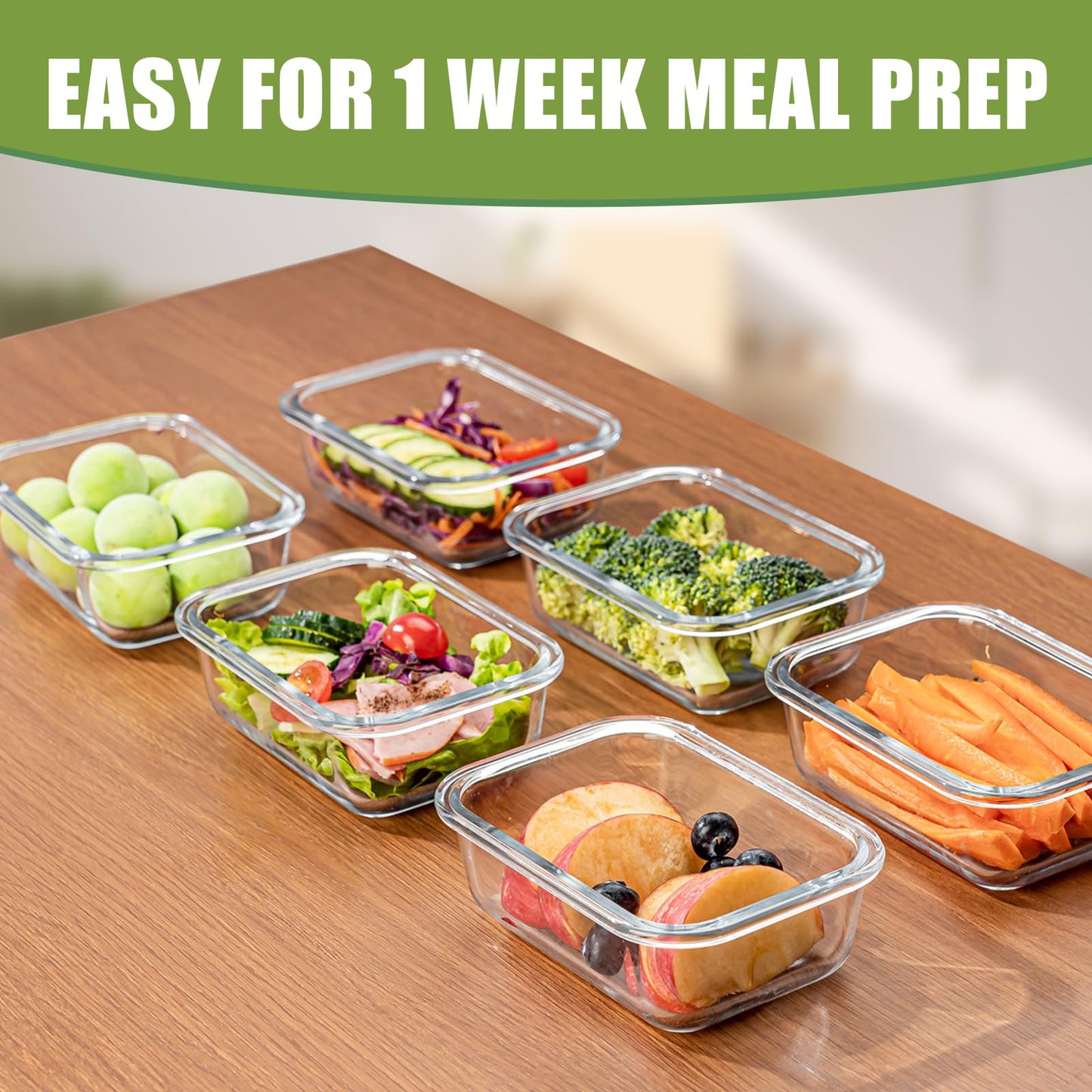 Hoenjuno Glass Food Storage Containers with Lids Set of 6, 22 OZ Glass Meal Prep Containers for Lunch, Microwave, Oven, Freezer & Dishwasher Safe, BPA-Free