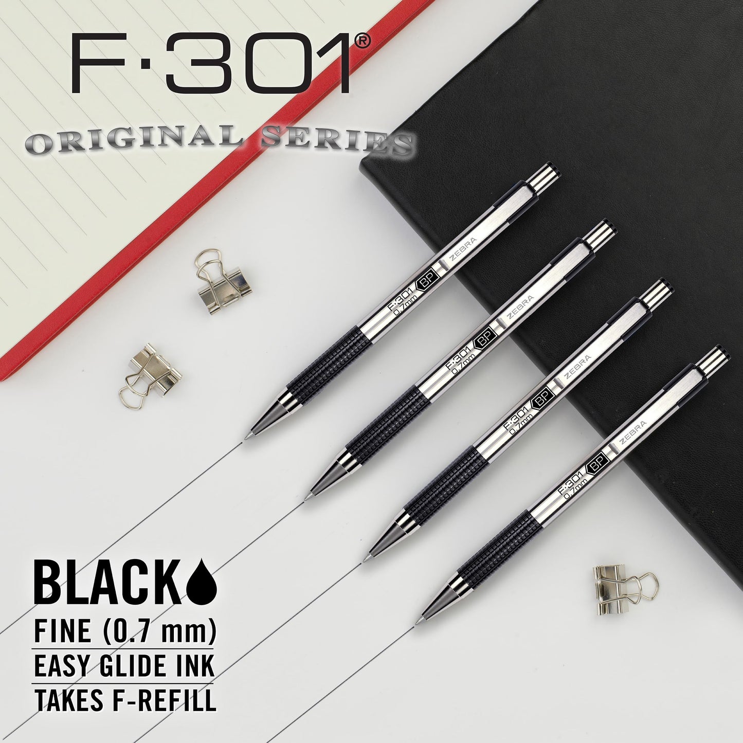 Zebra Pen F-301 Ballpoint Black Ink Fine Point 0.7mm Pen, Easy-Glide Ink, Stainless Steel Retractable, Non-Slip Grip, Professional Design, Ideal for Office, Journal and Planner Use, 18-Pack (27118)