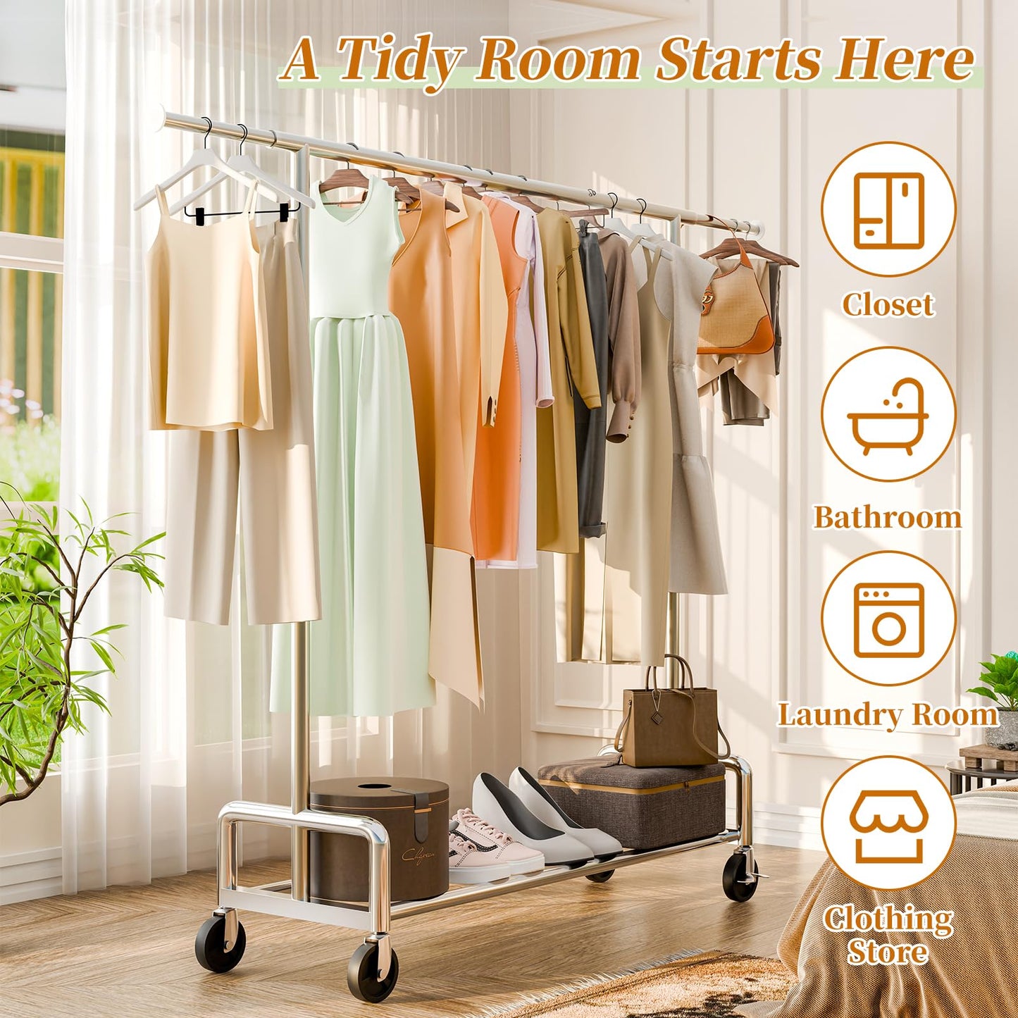 Simple Trending Heavy Duty Clothing Clothes Rack with Wheels for Hanging, Metal Rolling Garment Rack Organizer Load 500 LBS, Chrome