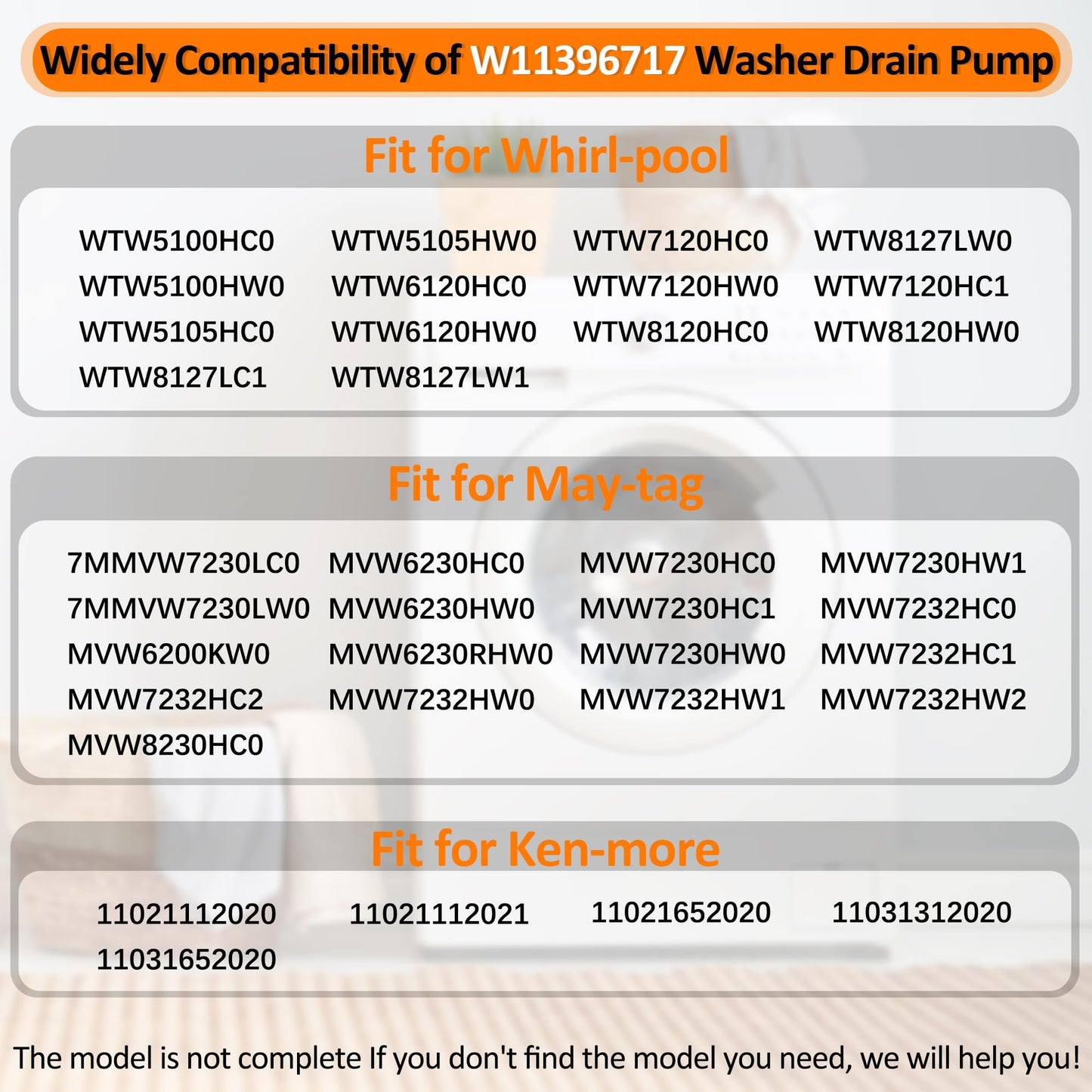 W11396717 W11263349 Washer Drain Pump Replaces AP6974116 W11263349 4960510 PS12731177 EAP12731177 Fit for May-tag Whirl-pool Ken-more Washer