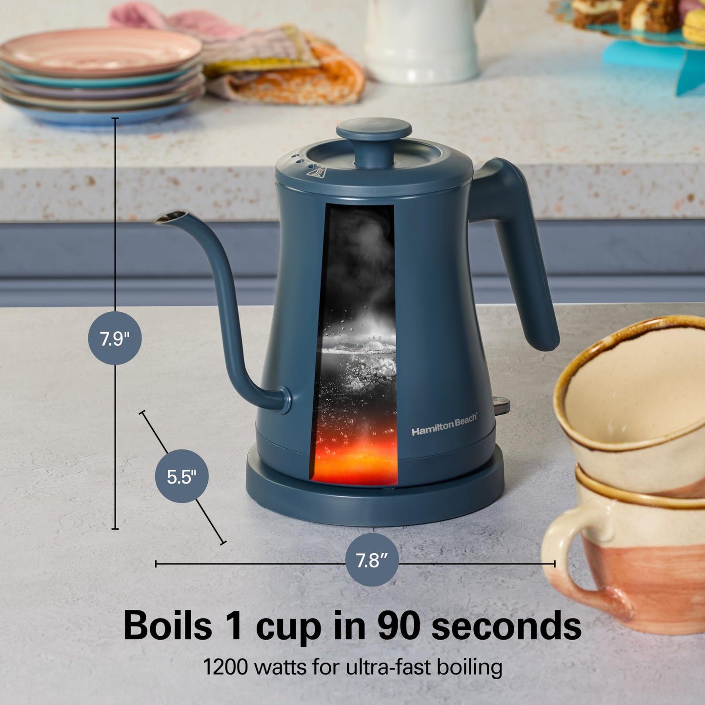 Hamilton Beach Compact 20 oz. / 0.6 Liter Gooseneck Electric Kettle for Boiling Water, Pour Over Coffee, Tea, 1200 Watts, Stainless Steel BPA-Free Interior, Kitchen Makeover Blue (41047)
