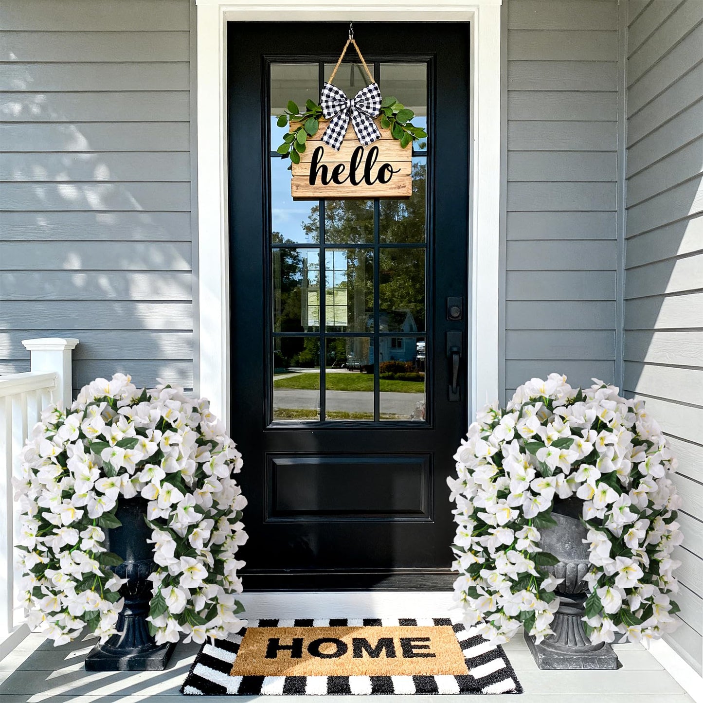 INXUGAO 2 pcs Artificial Faux Bougainvillea Flowers Plants for Outdoor Outside Summer Decoration, Fake Silk UV Resistant Long Trailing Vines for Front Door Porch Planter Balcony (White)