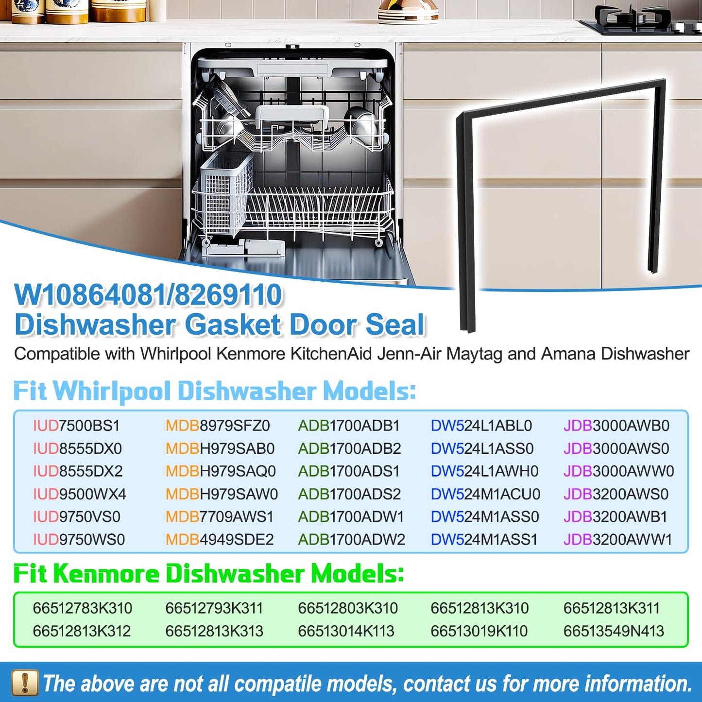 UPGRADED W10864081 Dishwasher Door Seal Replacement Compatible with Whirlpool Kitchenaid Dishwasher Parts, W10179427 Dishwasher Cabinet Seal Gasket Fits Model (MDB KDTE WDTA 7GU 665)
