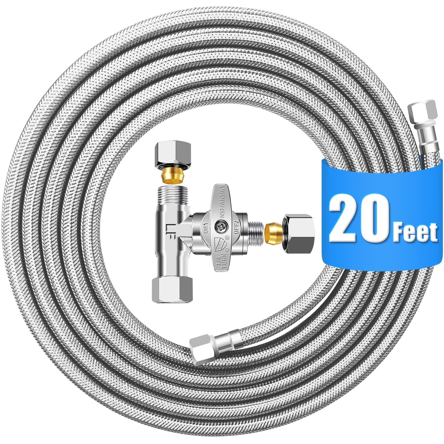 Fridge Water Line Kit - 20FT Premium Stainless Steel Braided Refrigerator Water Line with Tee Stop Valve,Foodgrade PEX Inner Tube Ice Maker Water Line with 1/4" Fittings for Refrigerator Ice Maker