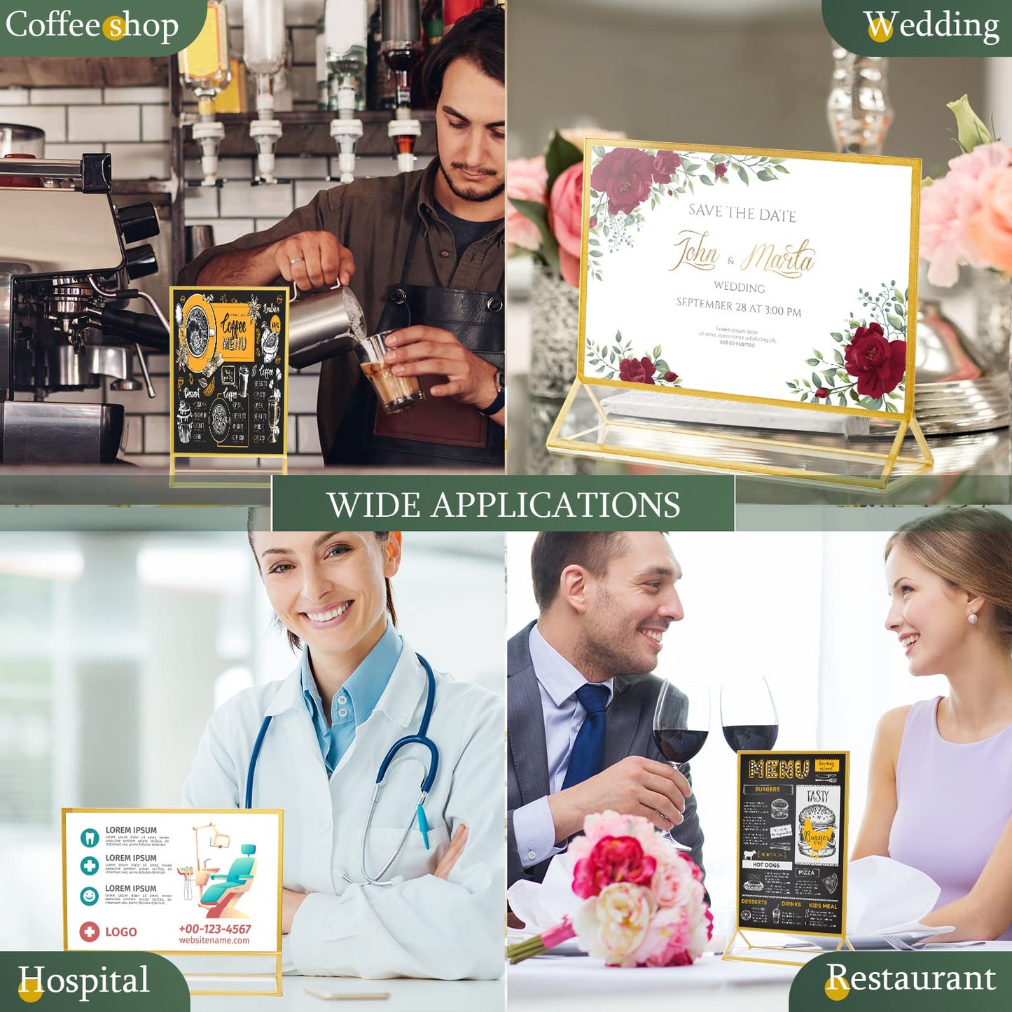 Hoteam 12 Pieces Gold Frames Clear Acrylic Sign Holder Double Sided Menu Display Stand with Gold Borders 2mm Table Number Holder for Wedding Recipe Cards Photo Display(Horizontal Vertical,4 x 6 Inch)
