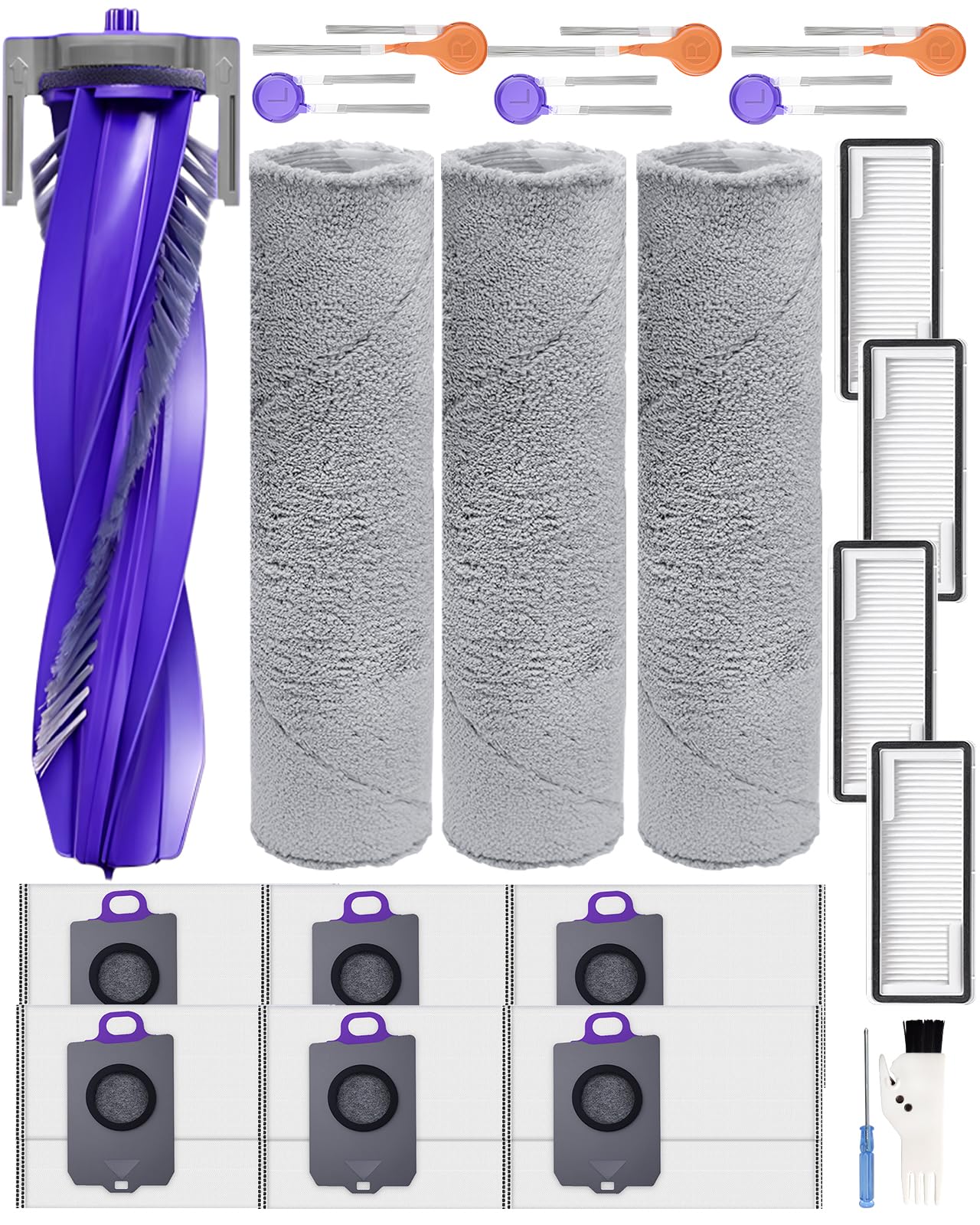 Yivy 22pcs Accessory Kit for NARWAL FLOW Robot Vacuum Cleaner, Replacement Set Compatible with Narwal Flow: 3 Track Mop Pads,1 Main Brush, 8 Side Brushes, 4 HEPA Filters, 6 Dust Bags,1 Cleaning Brush
