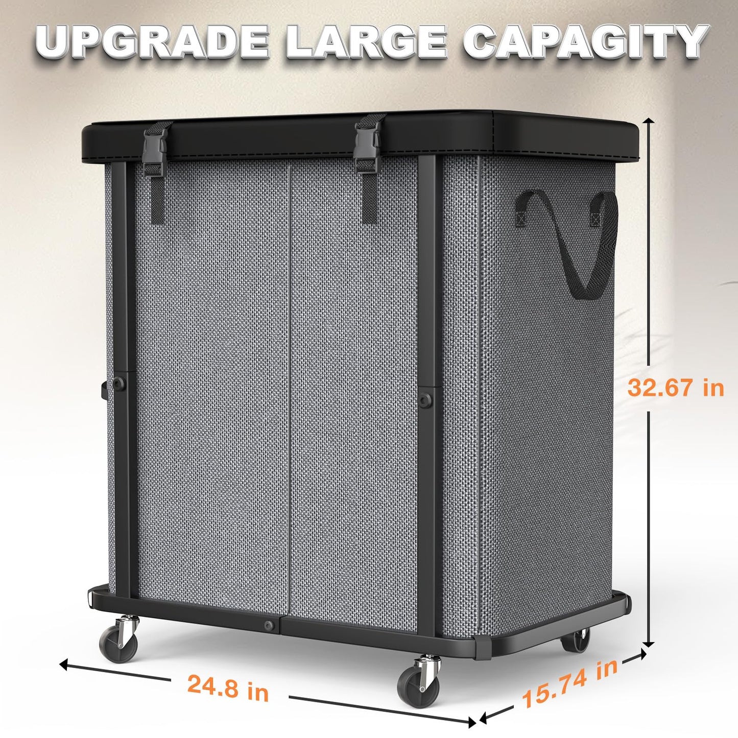 190L (50 Gal) Large Fashion Laundry Basket with Wheels, Leather Patchwork Rolling Hamper Carts, Sturdy Metal Frame, Removable Washable Bag, Tall Clothes Sorter for Bedroom - 2 Setion Gray