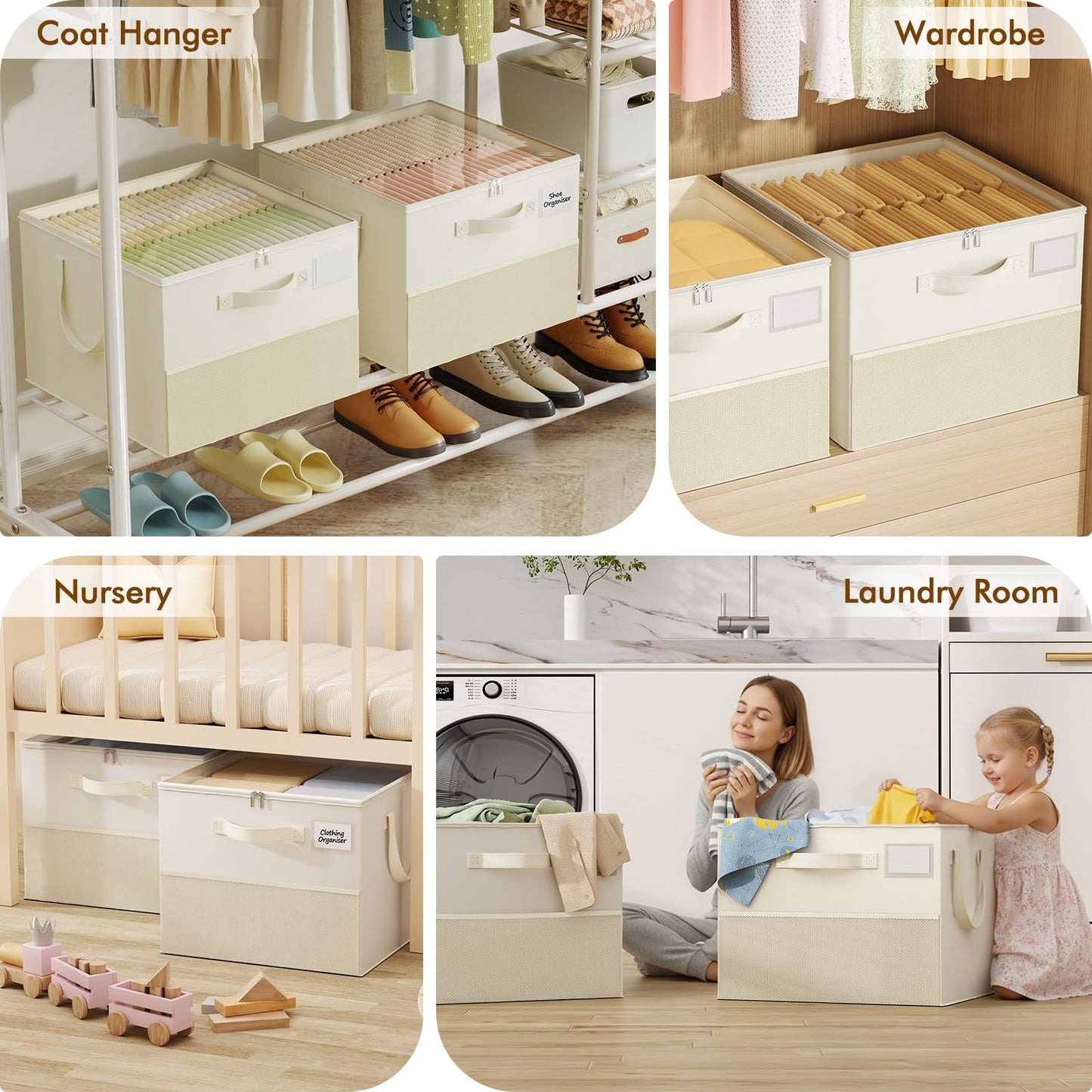 NestOrganix 2 Pack Shoe Organizer for Closet, Large Shoe Box Storage Containers, Foldable Shoe Storage Organizer Box Bin with Adjustable Dividers and Clear Cover, Space Saving Shoes Holder, Beige