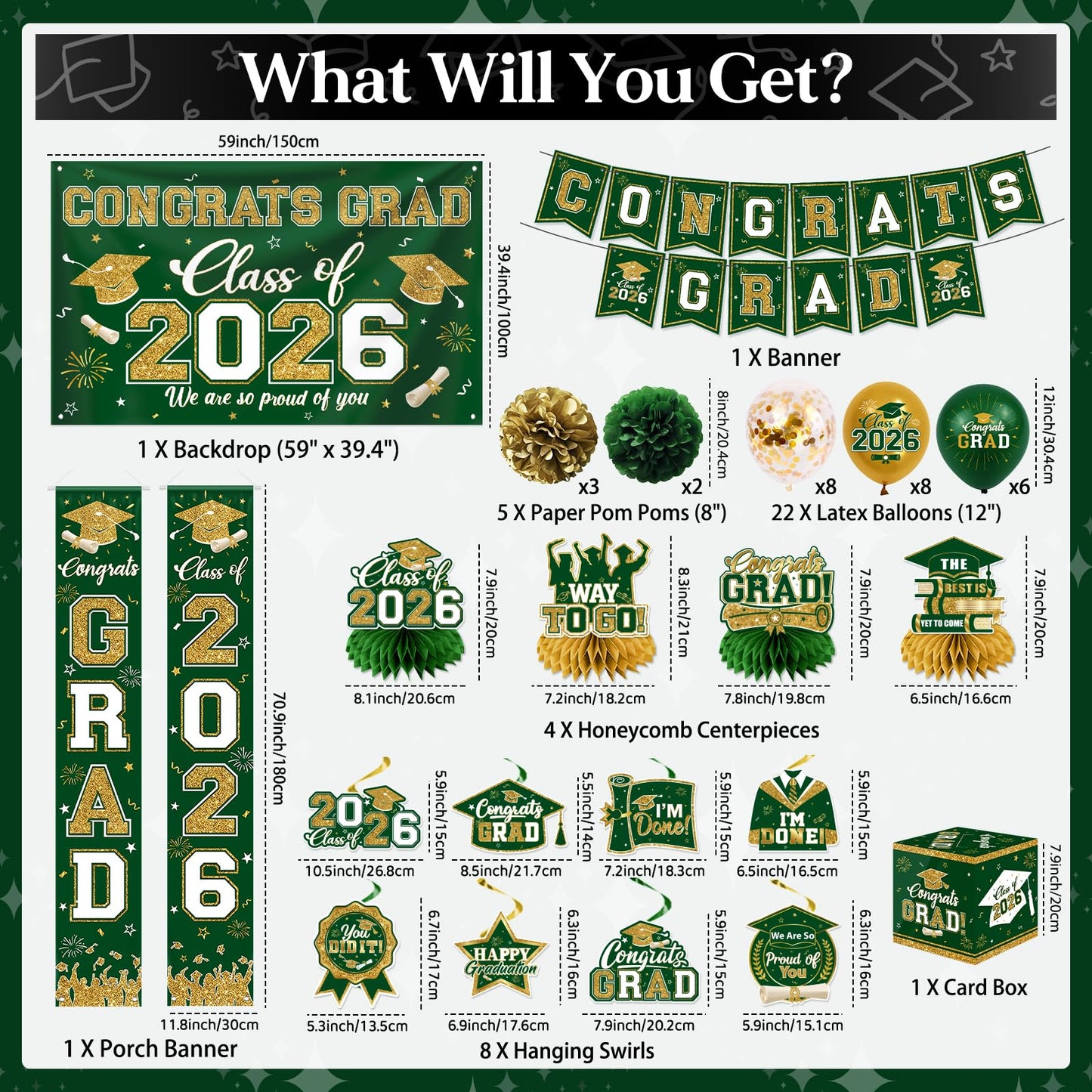 Green and Gold Graduation Decorations 2026 Set, All-in-1 Kit with Congrats Grad Banner Class of 2026 Backdrop Porch Sign Balloons Centerpieces Card Box Pom Poms Streamers for College High School