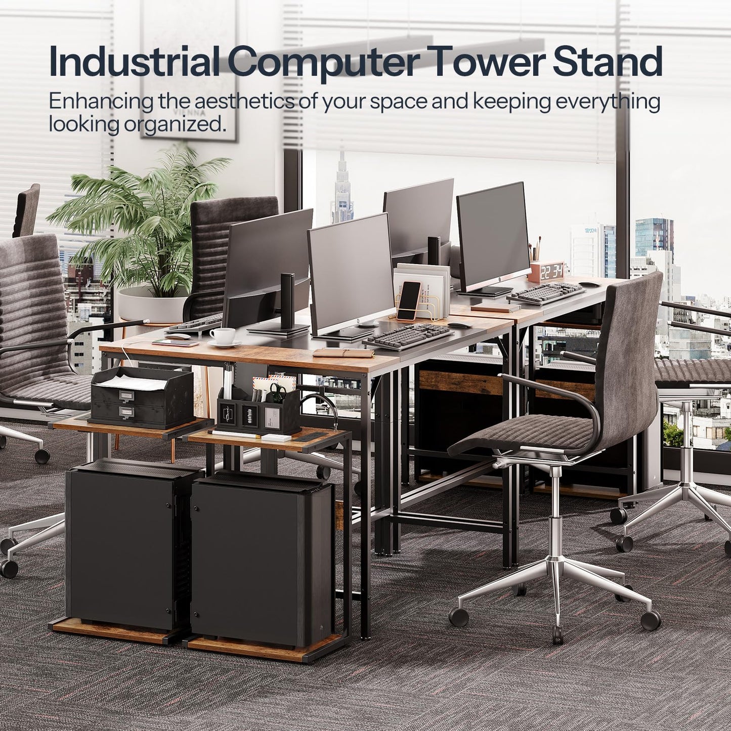 HOOBRO Computer Tower Stand, PC Stand with Charging Station, 2-Tier PC Tower Stand with Locking Caster Wheels, CPU Stand Fits Most PCs, PC Stand for Floor, for Home Office Rustic Brown BF01UCJ01G1