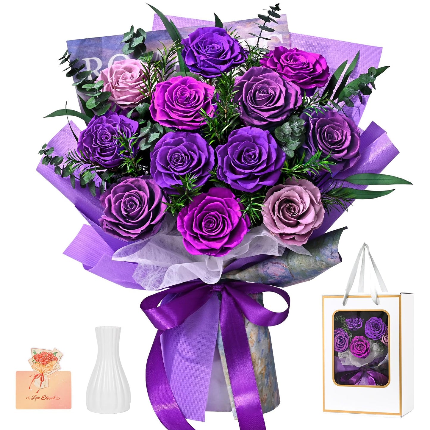 Flowers for Delivery Prime 12 Roses, Mothers Day Flowers for Mom, Mothers Day Gifts, Forever Roses Preserved Purple Flower Bouquet Eternal Rose Birthday Gifts for Women Gf Gifts Wedding Anniversary