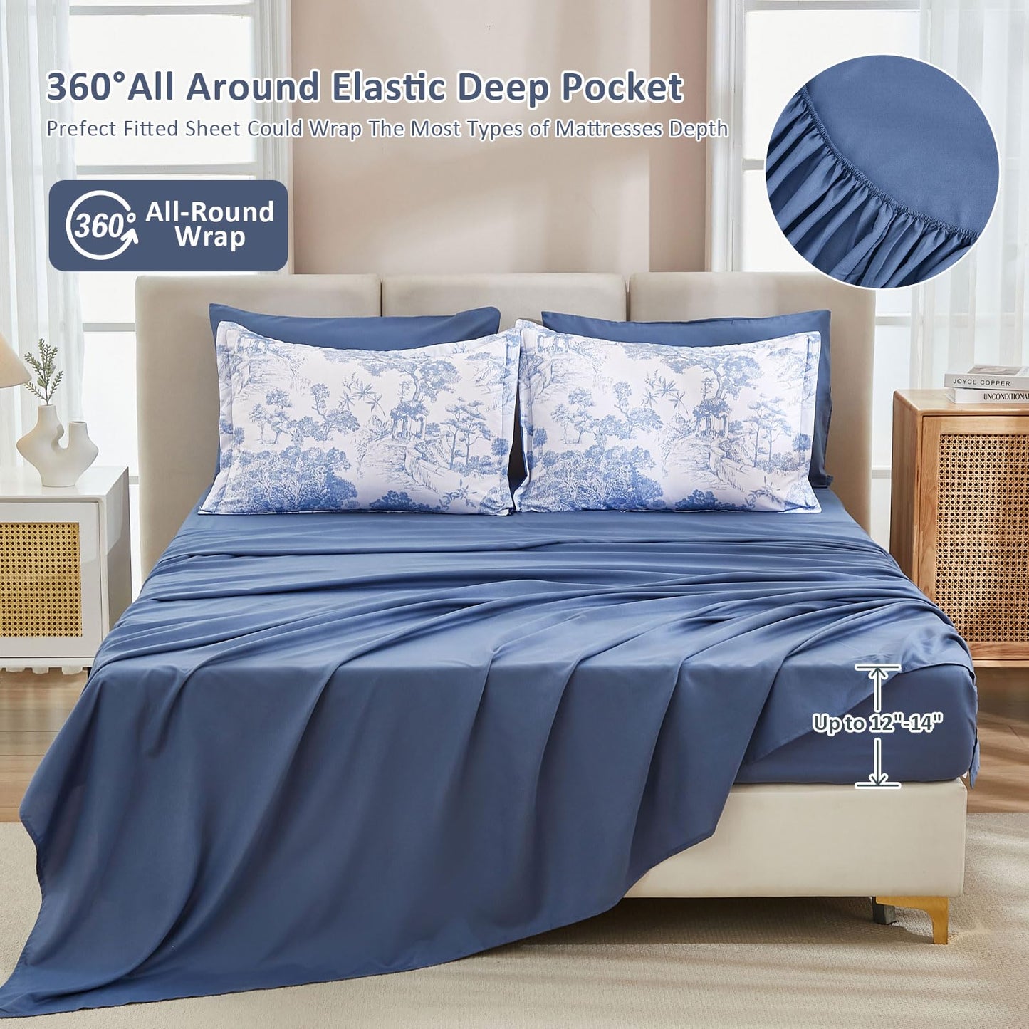 DJY Blue Comforter Set King, 7 Pieces Bed in a Bag King Size Botanical Comforters with Sheets Elegant Plants Print Soft Microfiber Reversible Complete Bedding Sets for All Season