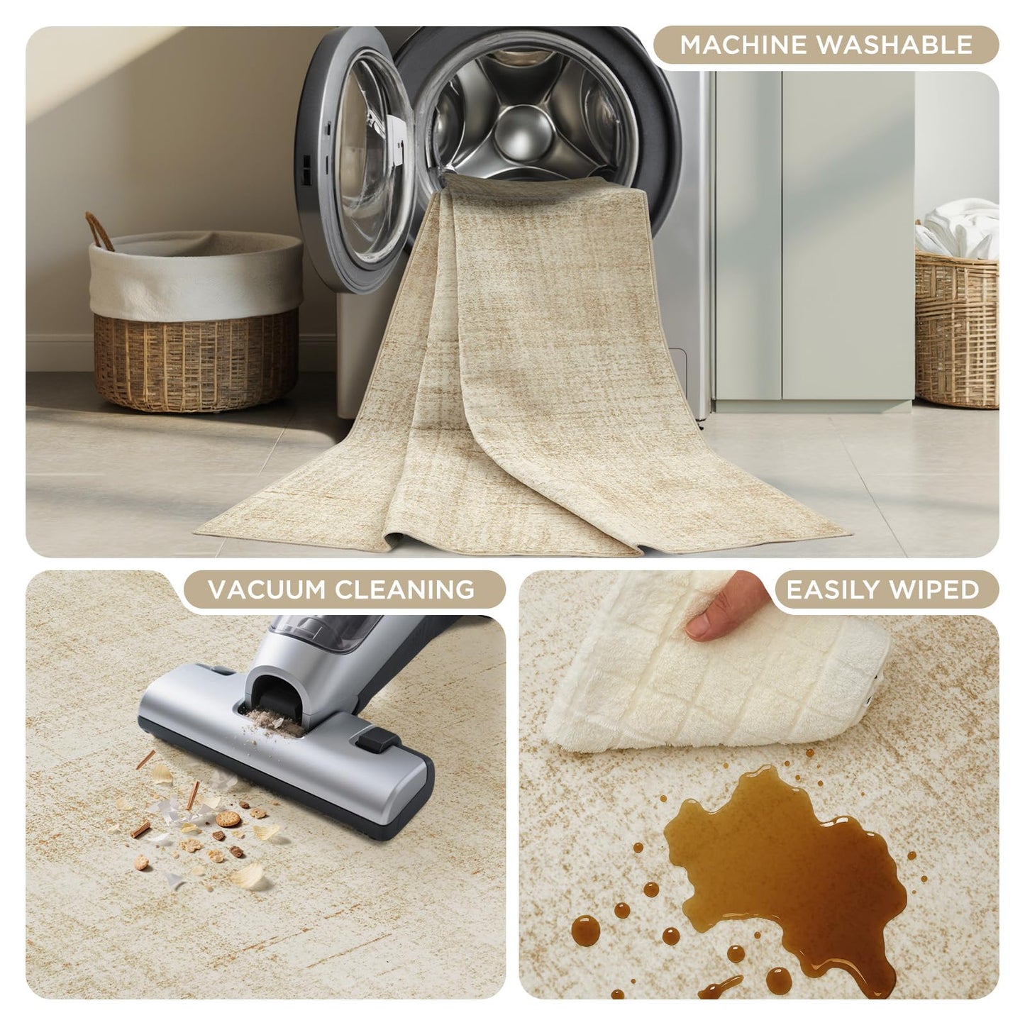 Joydeco 5x7 Area Rugs for Living Room, Machine Washable Vintage Area Rugs, Low Pile Non Slip Carpet, Lightweight Chenille Print Rug for Bedroom, Dining Room, Home Office, Beige