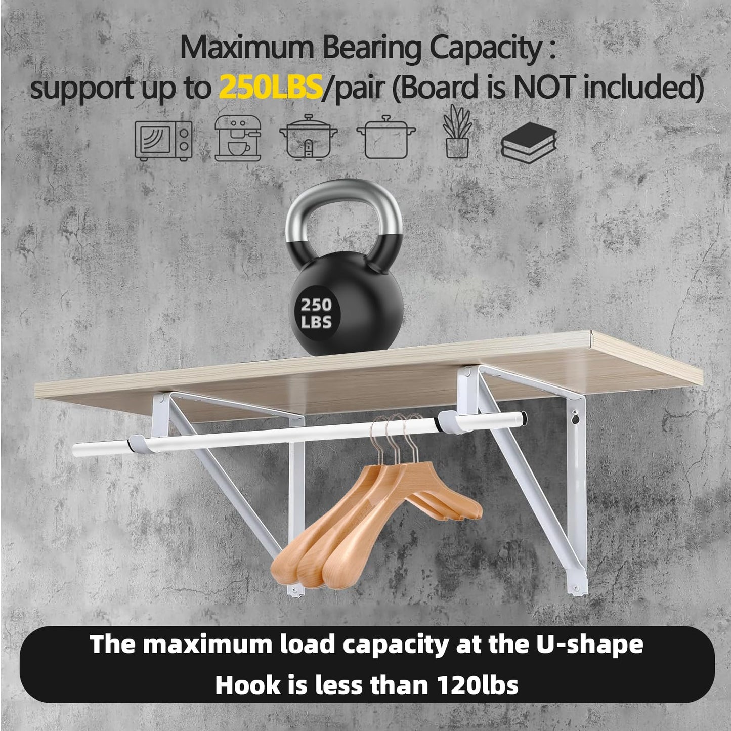 HOME MASTER HARDWARE Heavy Duty Closet Shelf Rod Brackets Supports 250lbs, Wall Mounted Closet Shelves Bracket with Rod Shelving Support, White with Screws 10-Pack