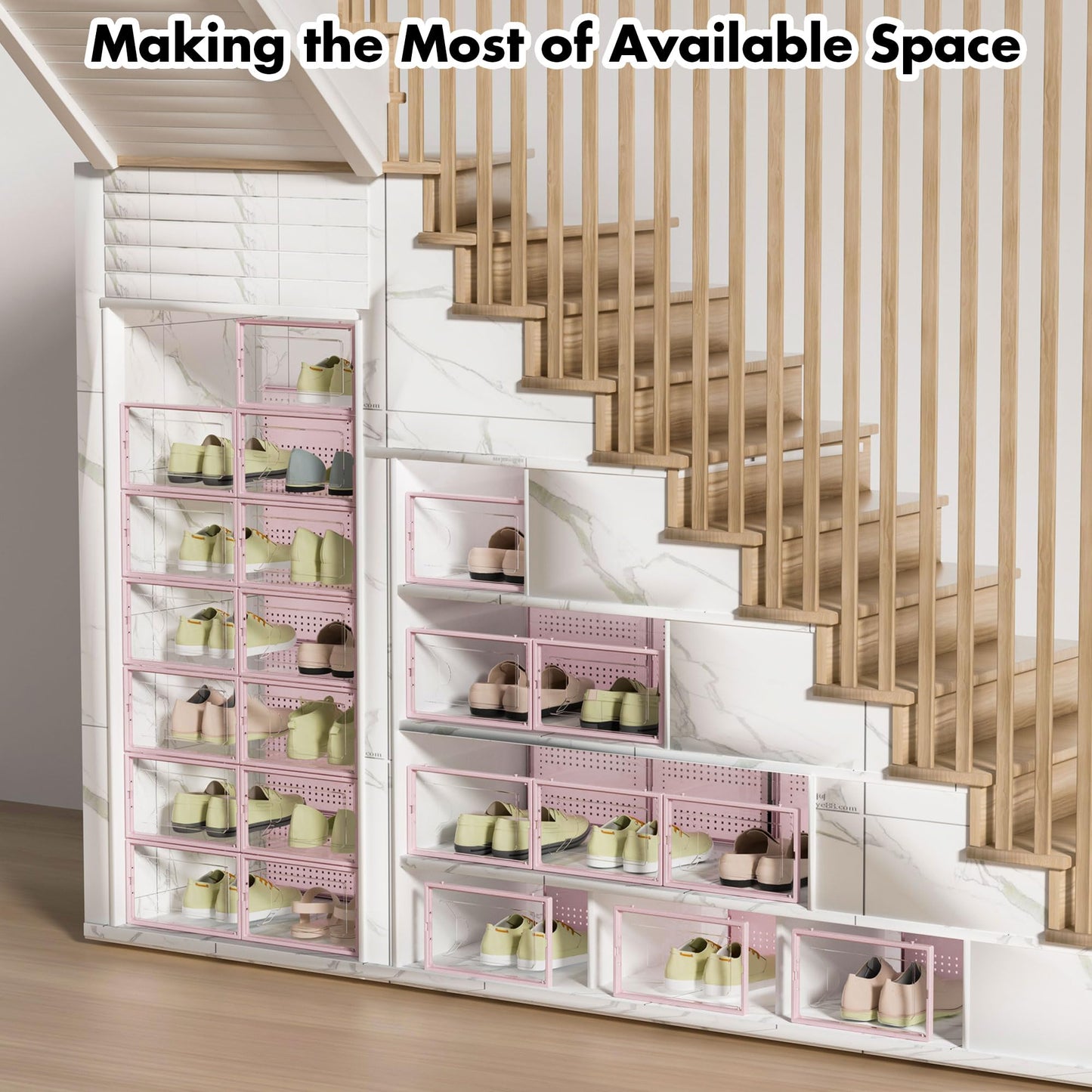 Foluck Shoe Storage Box, 15 Pack Clear Plastic Stackable Shoe Organizer for Closet, Interlocking Design Shoe Container Bins for Sneakers, Foldable Shoe Rack with Lids, Pink