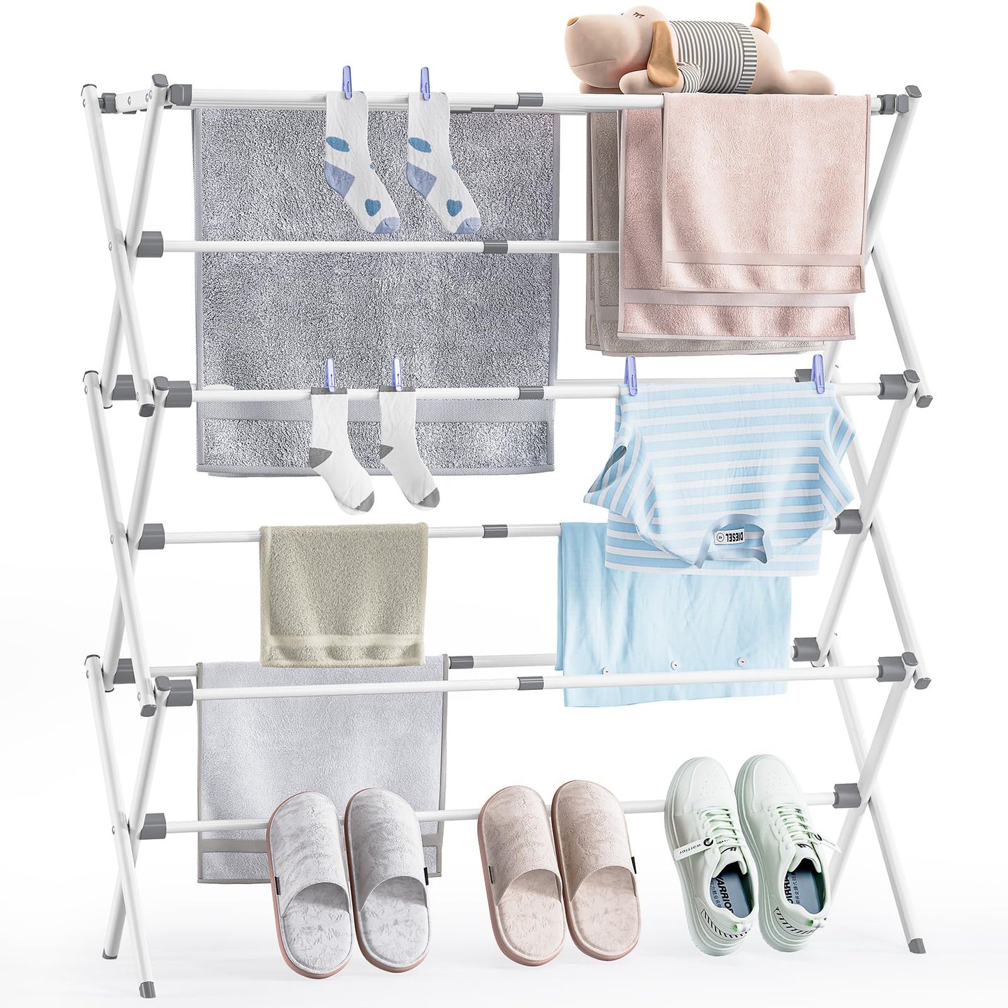 APEXCHASER Clothes Drying Rack, Foldable & Extendable Laundry Rack with Adjustable Size (14.57in-35.43inW), Space-Saving, Rust-Resistant Frame & Floor Protection for Indoor/Outdoor Use, White