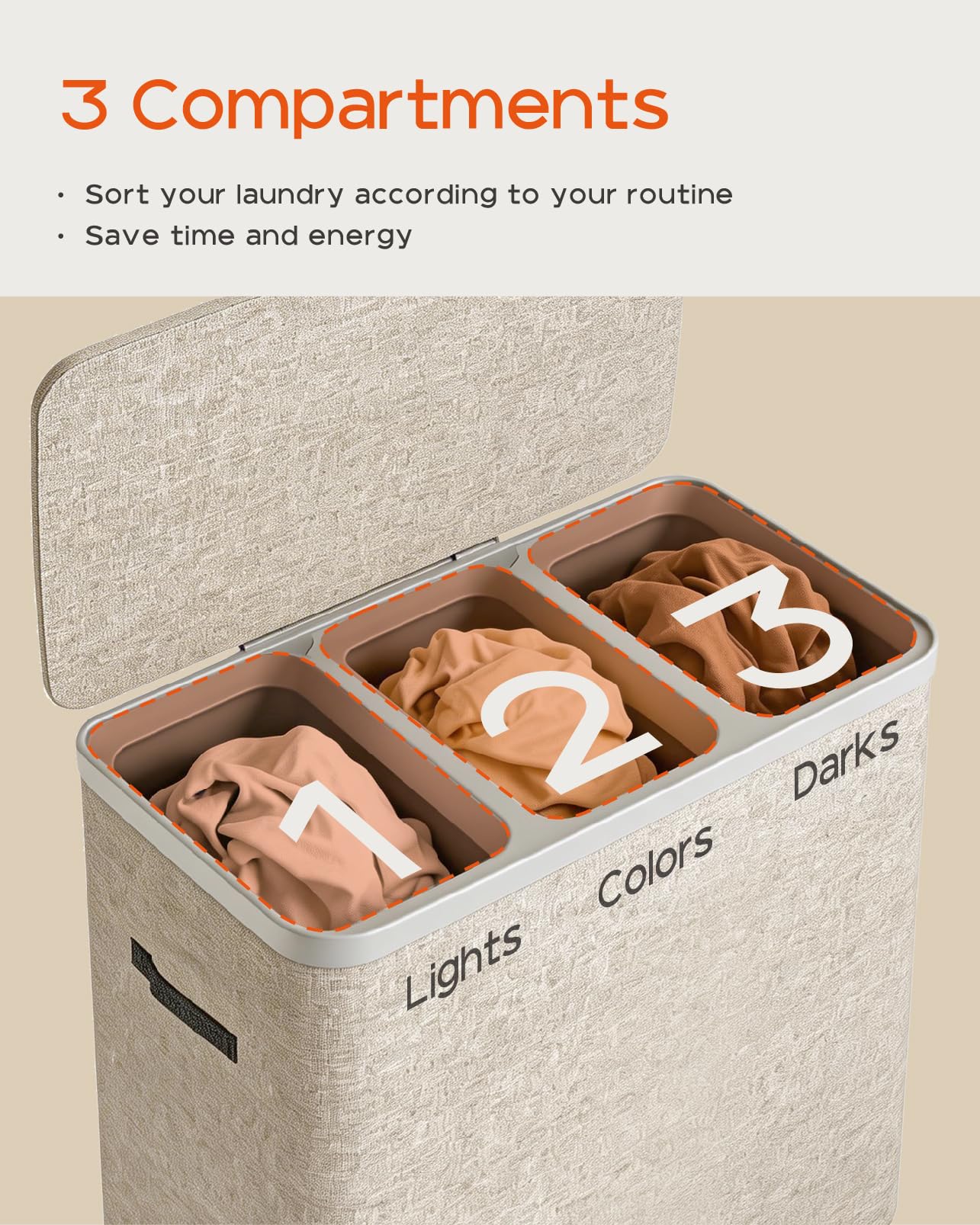 CASAMAYA Laundry Basket with Lid, Laundry Hamper 3 Section, 190L collapsible Laundry Organizer, Easy Assembly, with Handles and Removable Liners, 25.2 x 15.7 x 29.5 Inches, Beige JSP904M