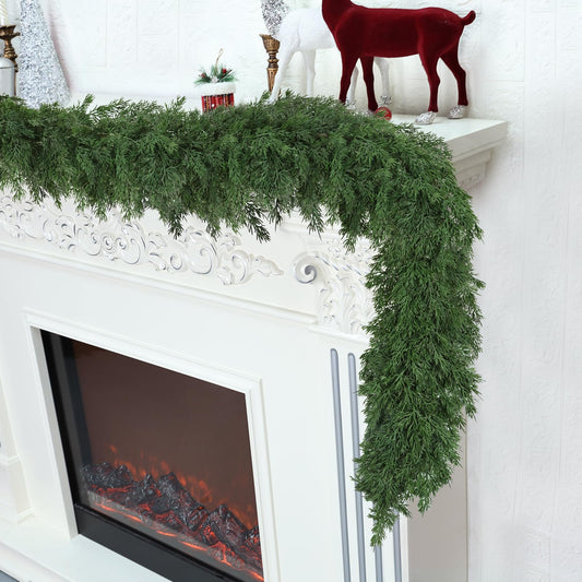 16 Ft Christmas Garland Soft Bendable Realistic Artificial Cedar Pine Green Xmas Mantle Garland for Staircase with Gift box Garlands for Decoration Christmas fireplace porch Table Home Room Yard Decor