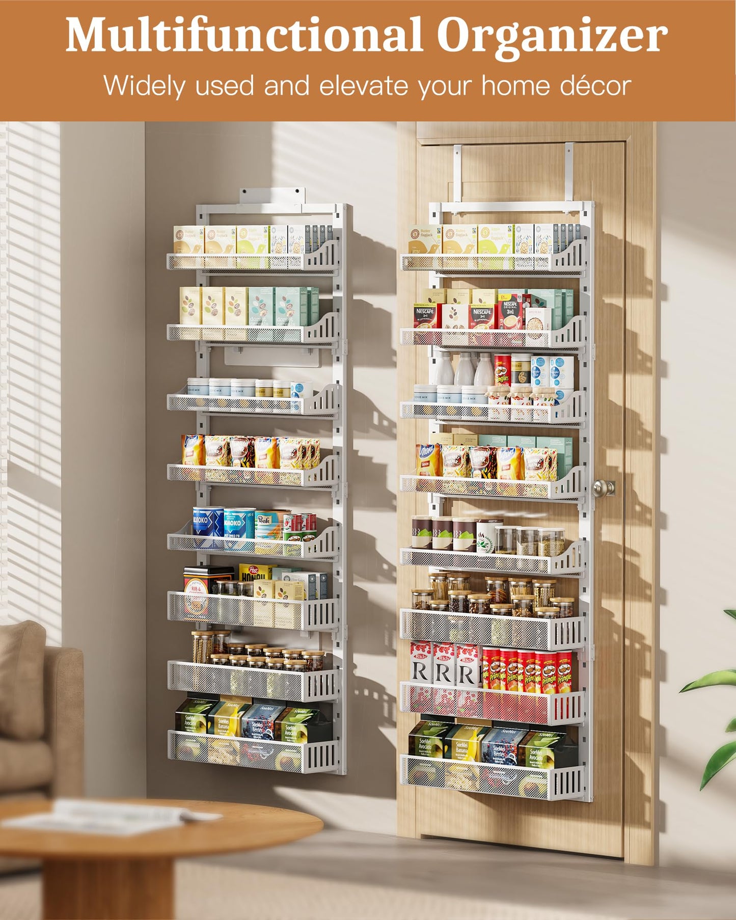 POKIPO Over the Door Pantry Organizer 8-Tier, Large Metal Door Spice Rack with Adjustable Basket, 2 in 1 Wall Mount or Hanging Heavy-Duty Pantry Door Storage Shelf for Kitchen and Bathroom, White