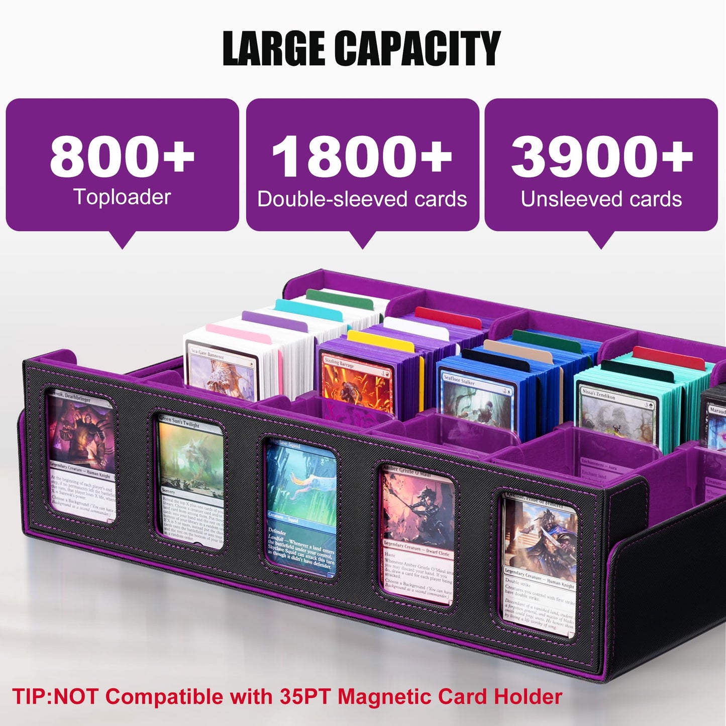 Trading Card Storage Box with Commander Display , 5-Row Deck Case with Removable Lid; 3900+ Card Deck Box for MTG TCG Sports Card, 5 Toploaders, 5 Stoppers, 48 Dividers,1 Dice Tray (Black Purple)