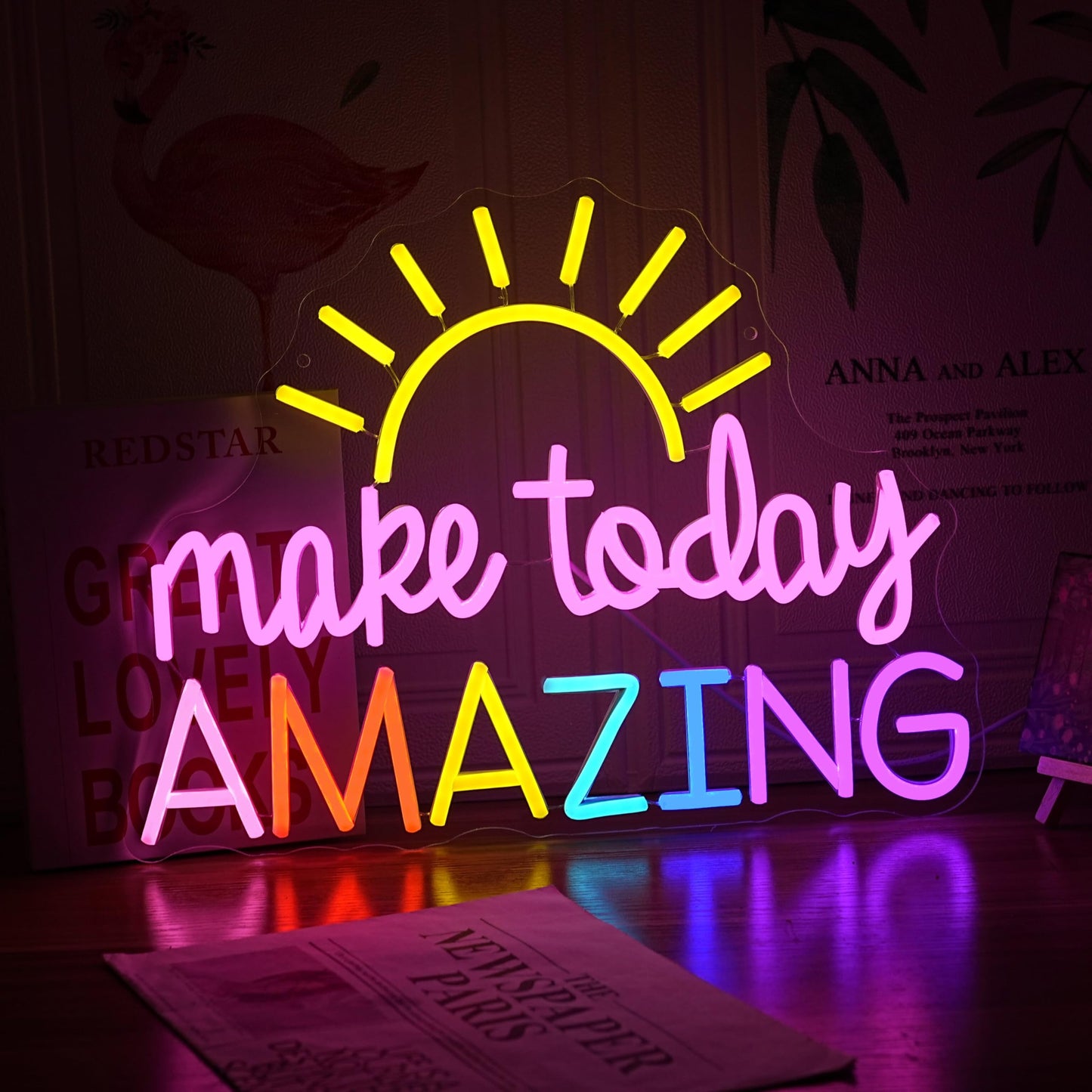 GNVETZLL Make Today Amazing Neon Sign Yellow Sunrise Neon Light Inspirational Letter Neon Light Up Sign Boho Wall Art LED Light Sign for Party Birthday Cafe Wedding Gym