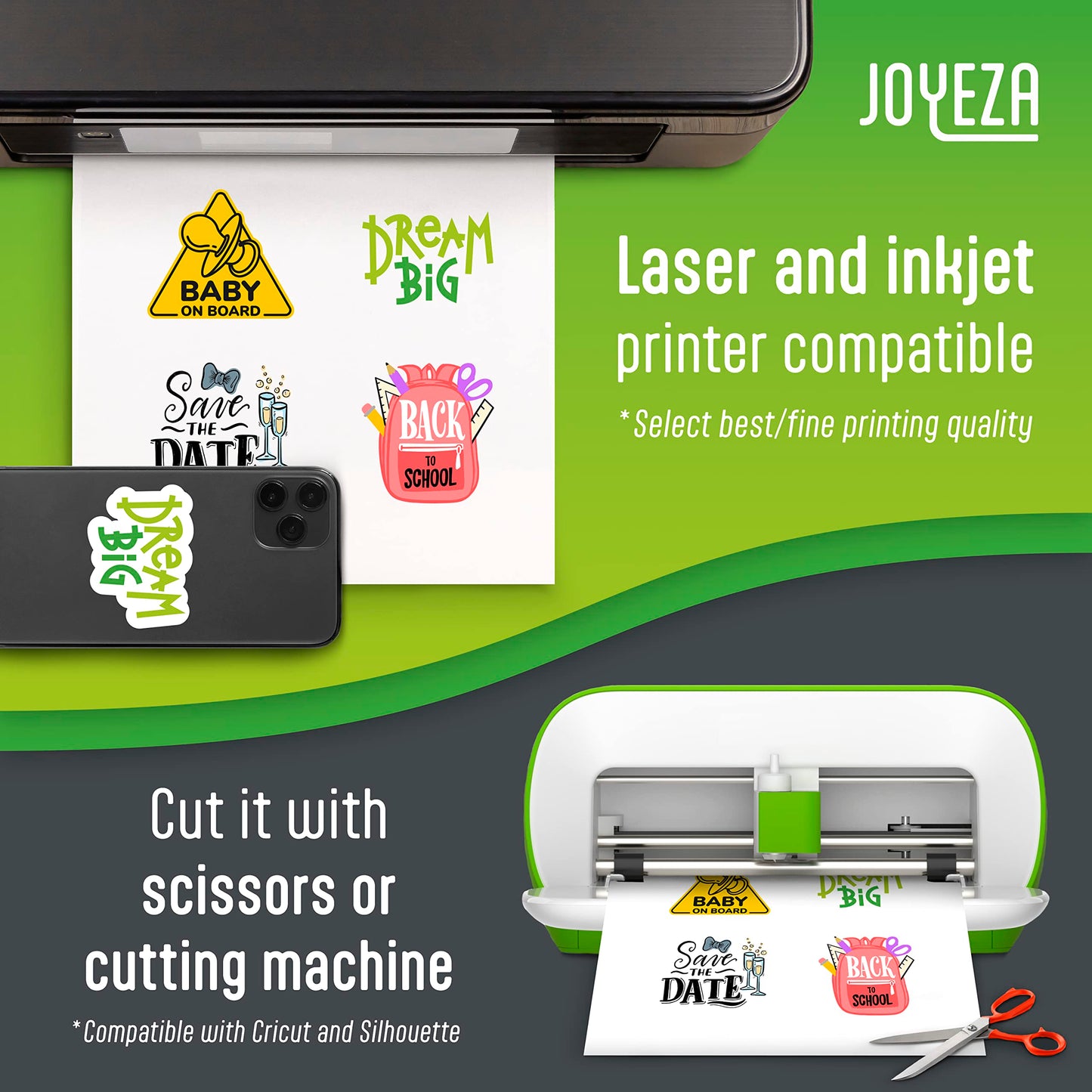 JOYEZA Premium Printable Vinyl Sticker Paper for Inkjet Printer - 80 Sheets Matte White Waterproof, Dries Quickly Vivid Colors, Holds Ink Well- Tear Resistant - Inkjet & Laser Printer