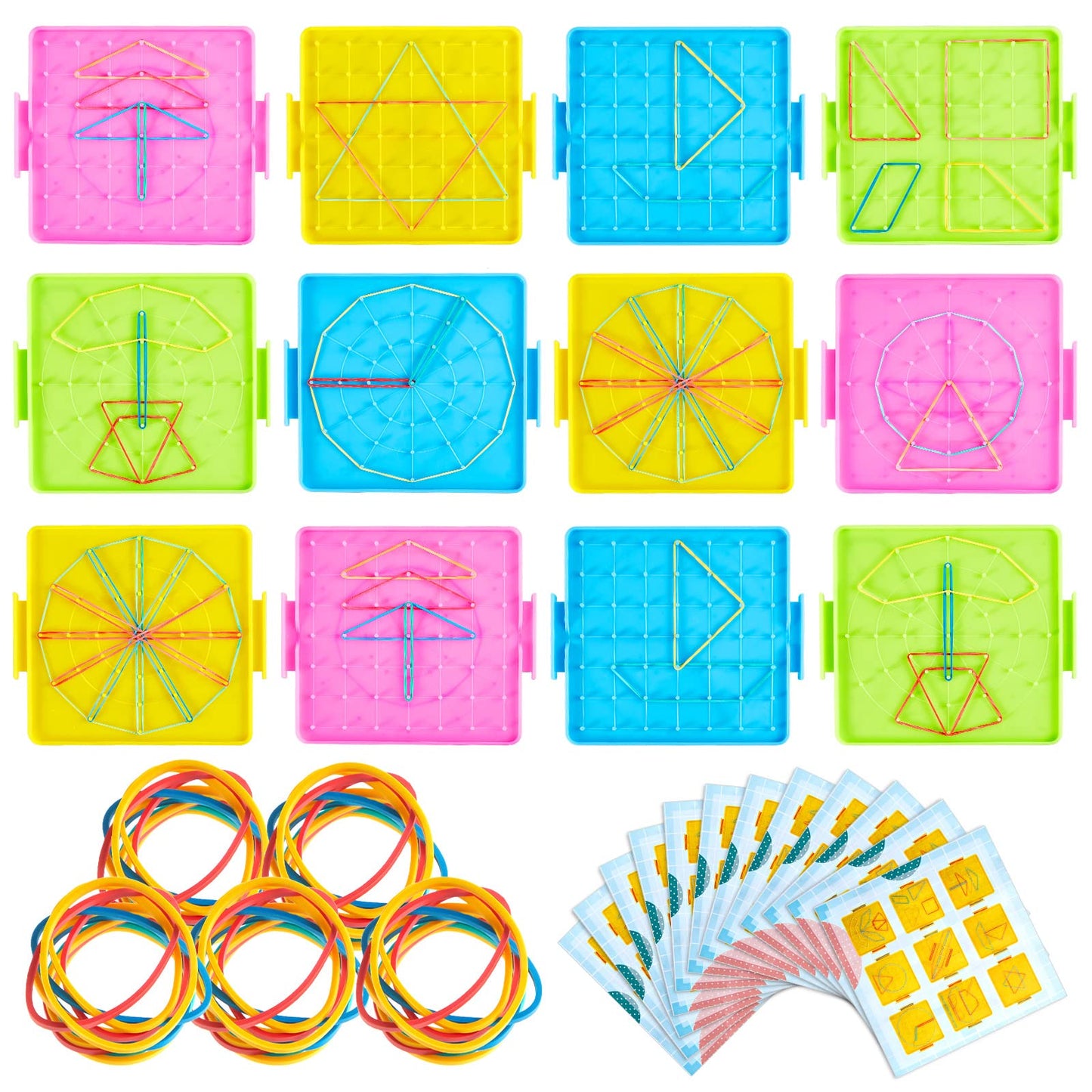 Deekin 50 Pcs Double Sided Geoboard Mathematical Kids Geoboards with Rubber Bands Math Manipulatives Toy for Geometry, 6.9 x 6.3 Inches Classroom Back to School