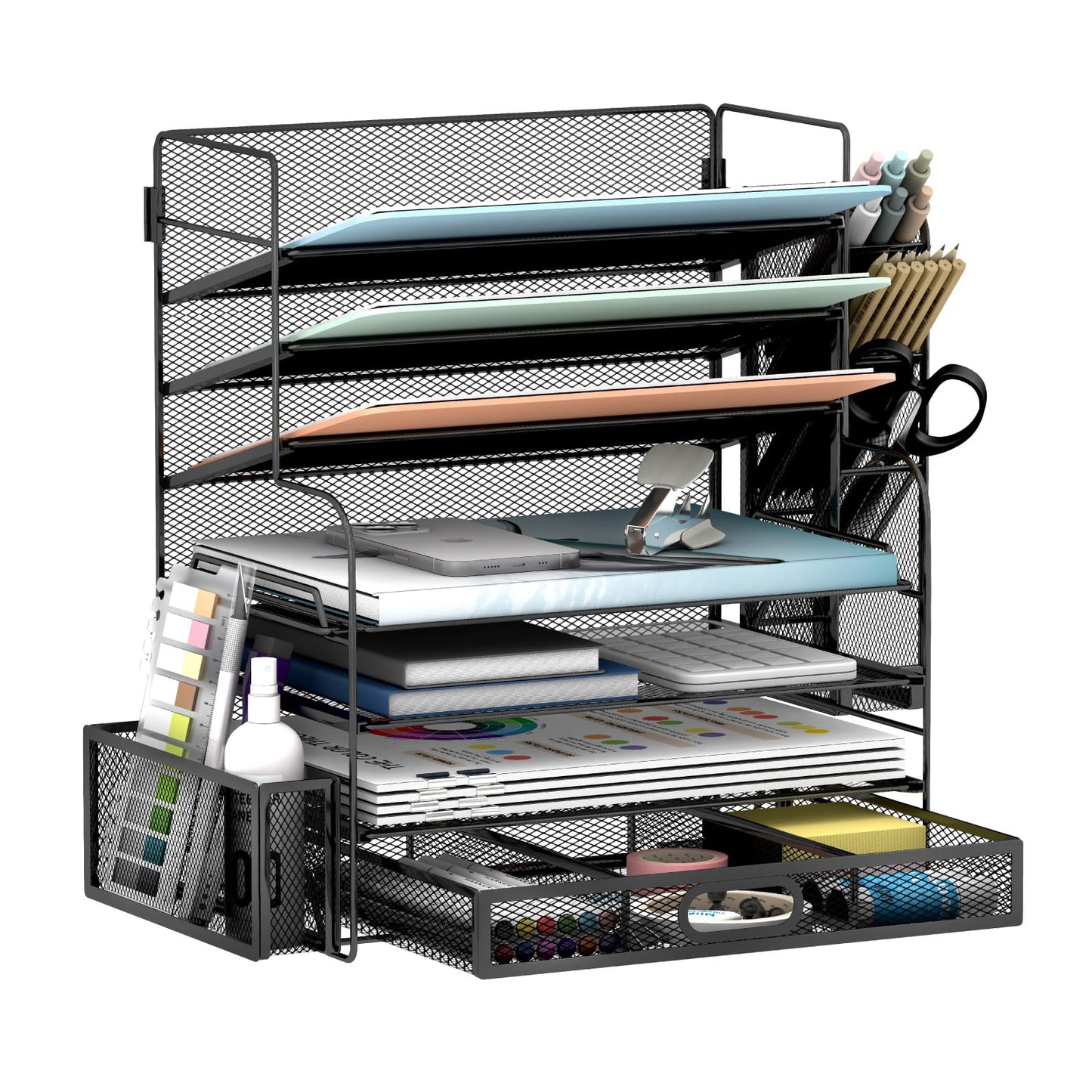 JIIAUSS 7 Tier Desk File Organizer Office storage Desk Accessories, Desktop Organizer for Office Supplies with Drawer and 2 Pen Holders (Black)