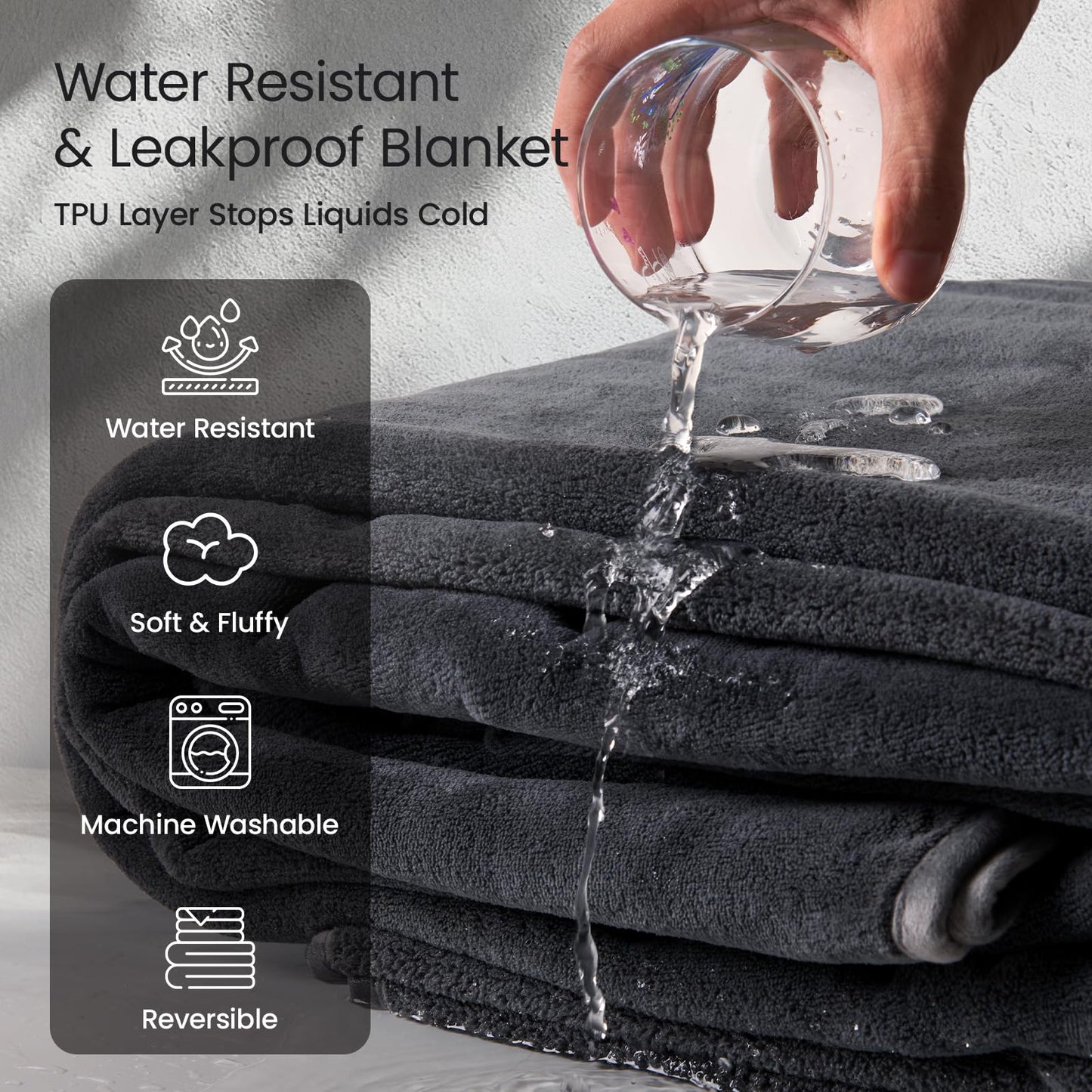 LOOBANI Waterproof Blanket for Bed Couch: Soft Coral Fleece Twin Bed Blankets Waterproof 60" x 80", Reversible Leakproof Throw Blanket, Stain-Resistant Furniture Protector, Pet-Friendly, Grey