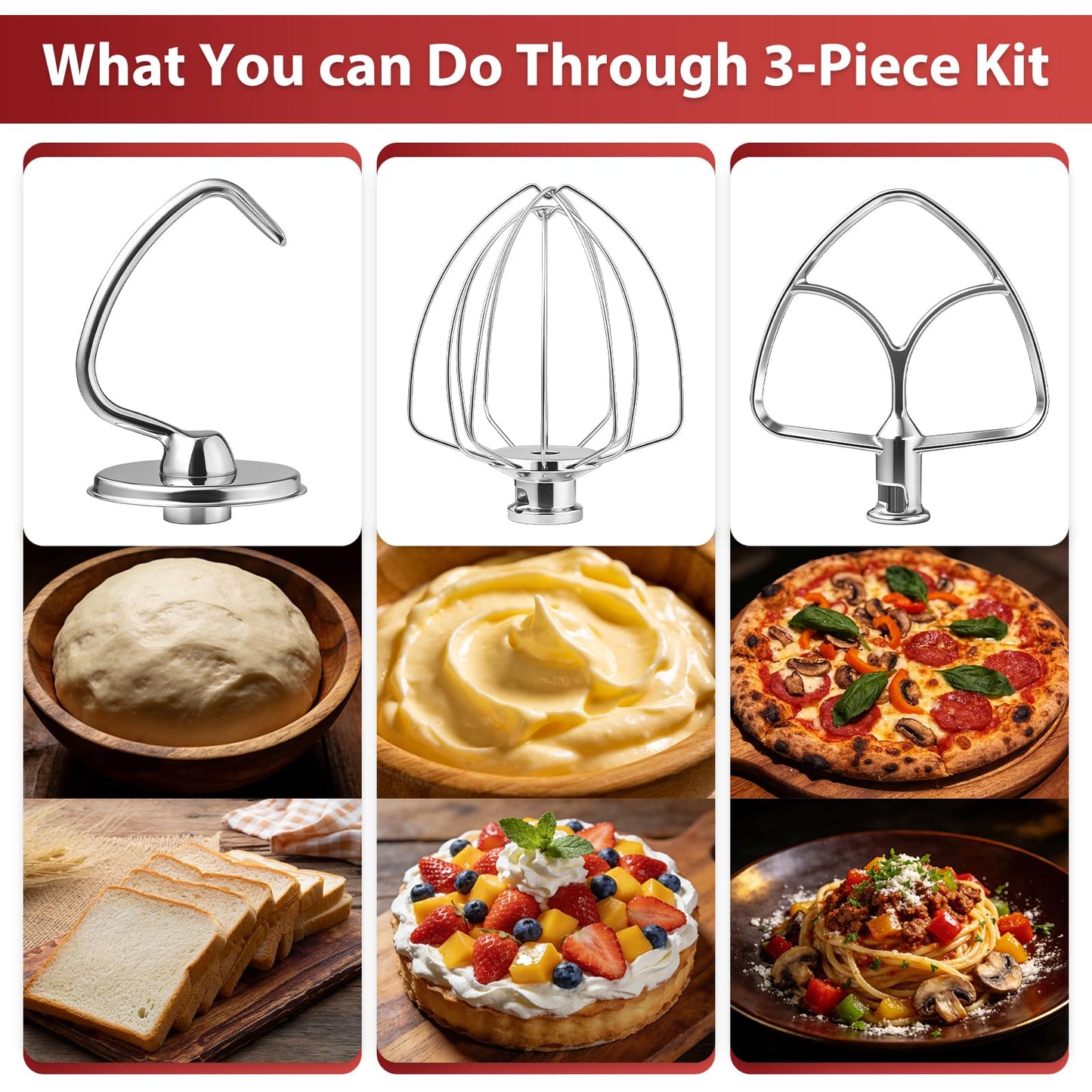 KITOART 3-Piece Kit Mixer Attachments for KitchenAid 4.5-5QT Tilt-Head Stand Mixer - K45WW & K45DH & K45B Replacement, All Stainless Steel, Dishwasher Safe