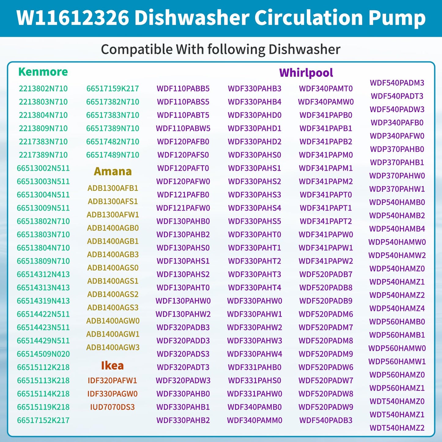 W11612326, W10805386 Dishwasher Circulation Pump Compatible with whirlpool, kenmore, amana: WDF330PAHB4 WDF330PAHS3 WDF330PAHS5 etc. Replace Dishwasher Pump W10879262, W11521435, AP7193729 etc