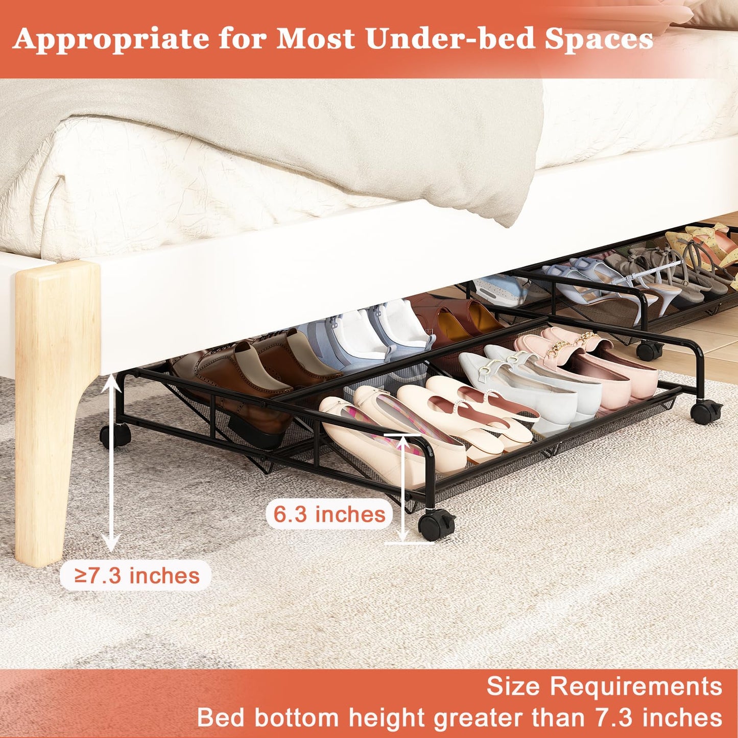 KOSIWU Under Bed Shoe Storage Organizer, 2 Pack Metal Mesh Under Bed Storage Containers with Wheels, Shoe Organizer Drawer Space Saving for Bedroom