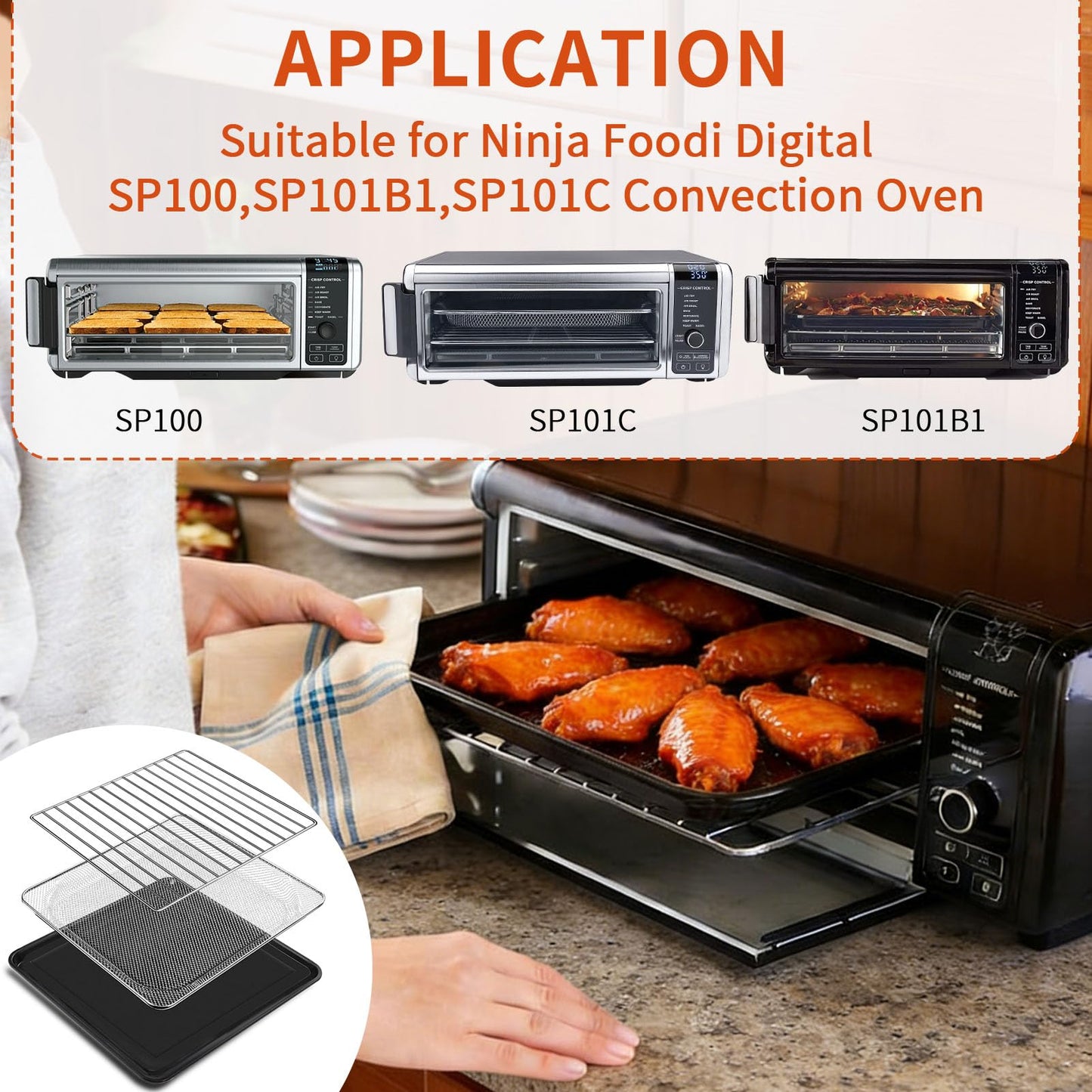 GWY 3 IN 1 Air Fryer Accessories For Ninja Foodi 8 in 1 SP101 Digital Countertop Oven, 13.4''*13.4'' Stainless Steel Air Fryer Accessories Roasting Steamer Grill Racks Baking Tray，Dishwasher safe